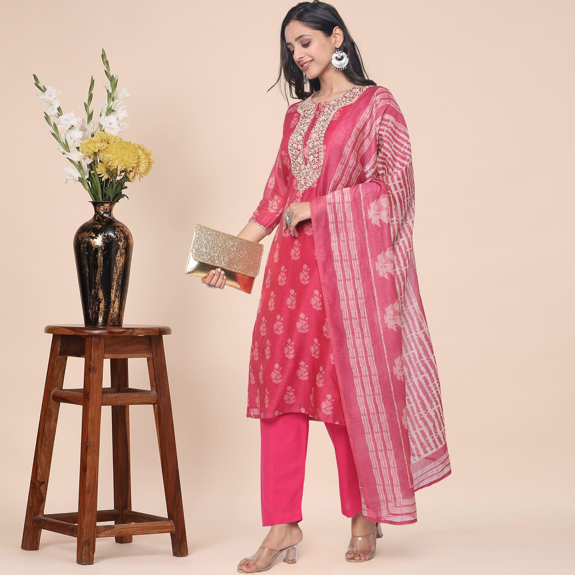 Pink Partywear Printed With Gotta Patti Muslin Kurti Pant Set With Dupatta - Peachmode