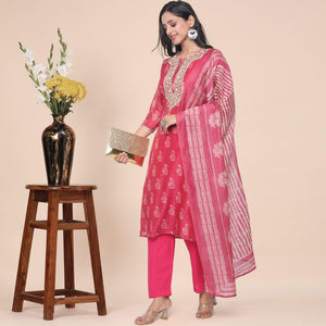 Pink Partywear Printed With Gotta Patti Muslin Kurti Pant Set With Dupatta - Peachmode