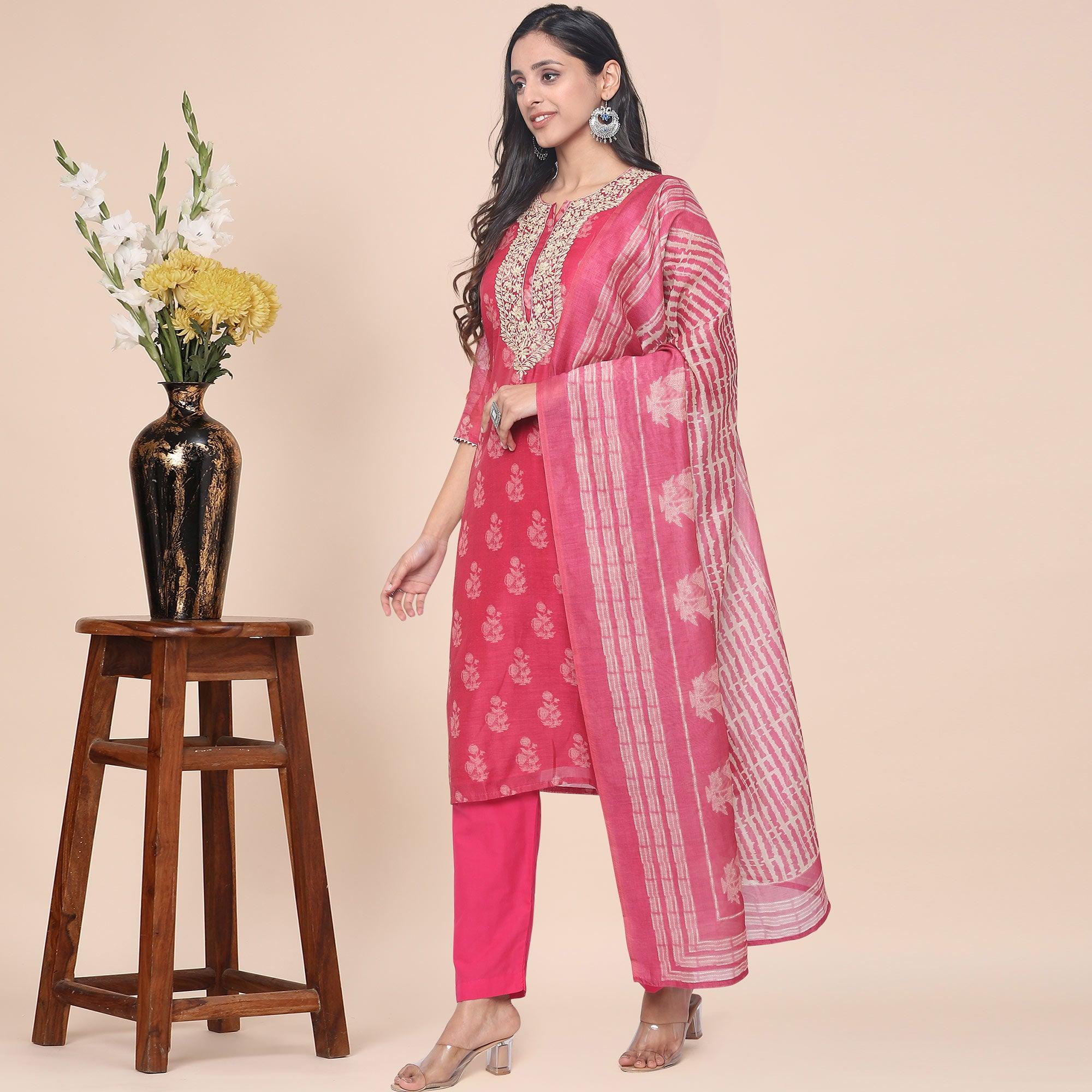 Pink Partywear Printed With Gotta Patti Muslin Kurti Pant Set With Dupatta - Peachmode