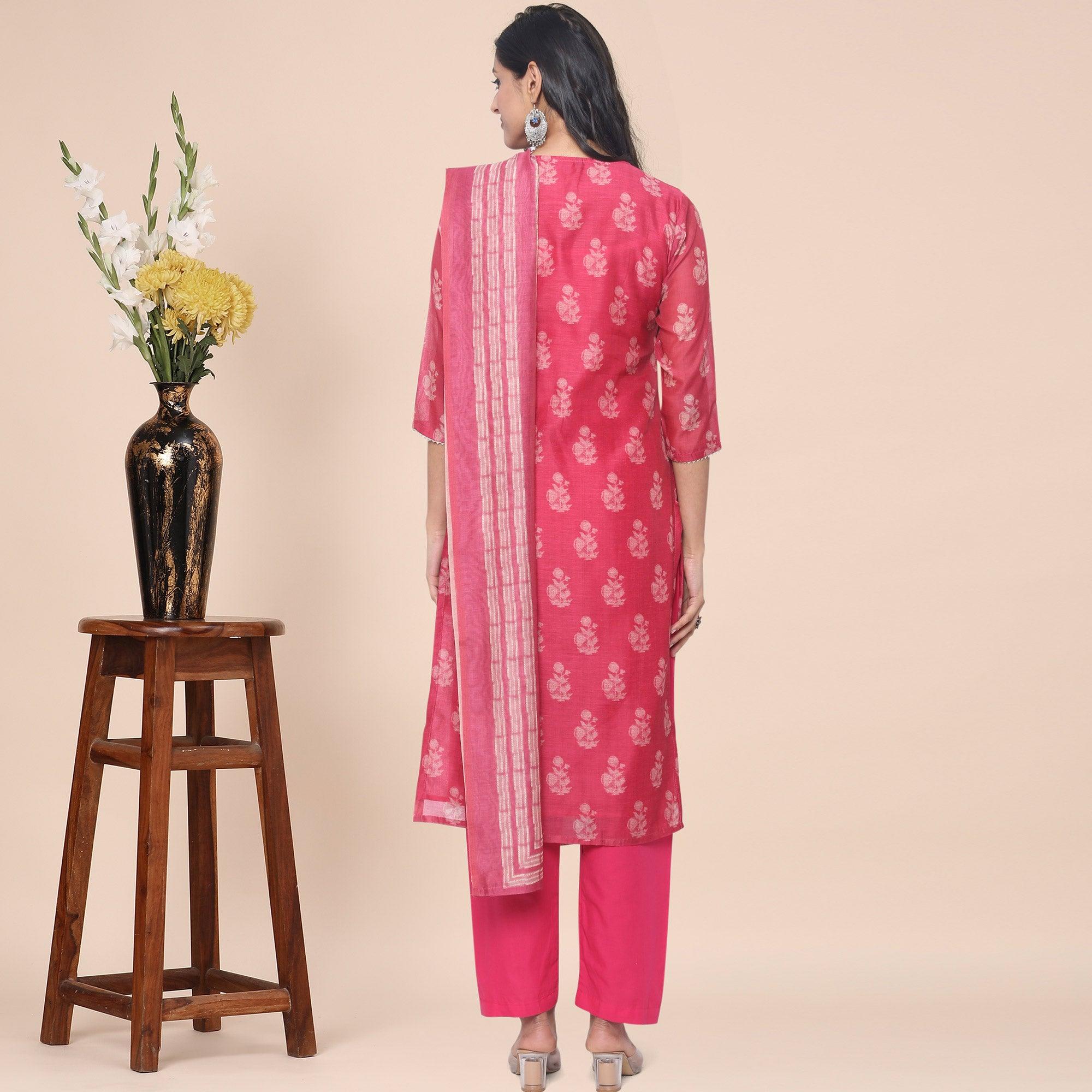 Pink Partywear Printed With Gotta Patti Muslin Kurti Pant Set With Dupatta - Peachmode