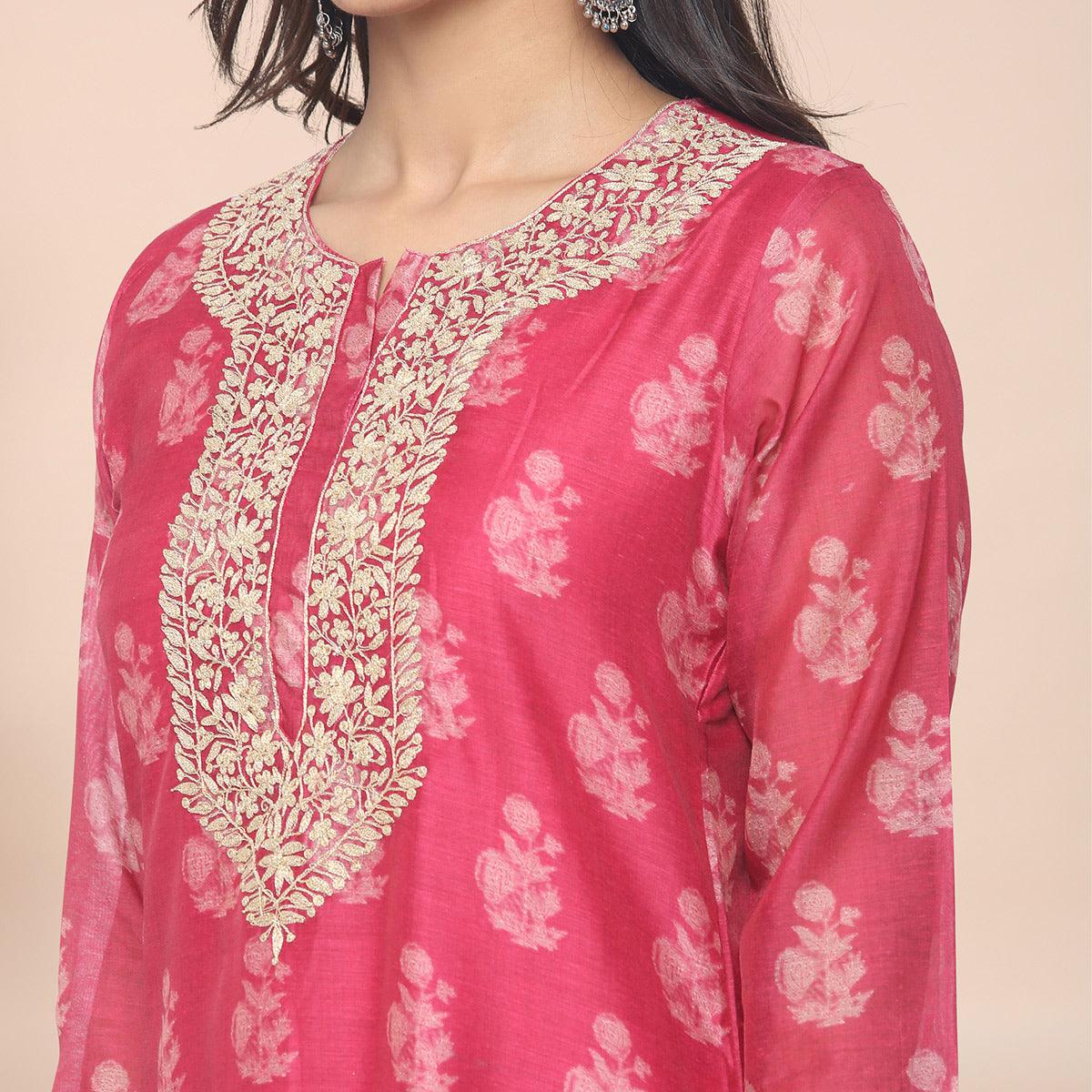 Pink Partywear Printed With Gotta Patti Muslin Kurti Pant Set With Dupatta - Peachmode