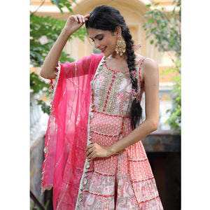 Pink Partywear Printed With Lace Work Cotton Silk Kurti - Sharara Set - Peachmode