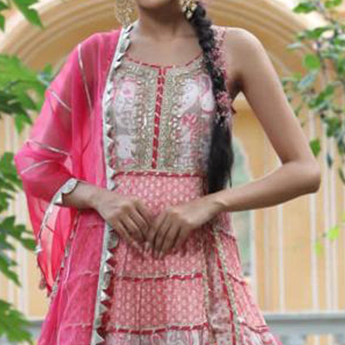 Pink Partywear Printed With Lace Work Cotton Silk Kurti - Sharara Set - Peachmode