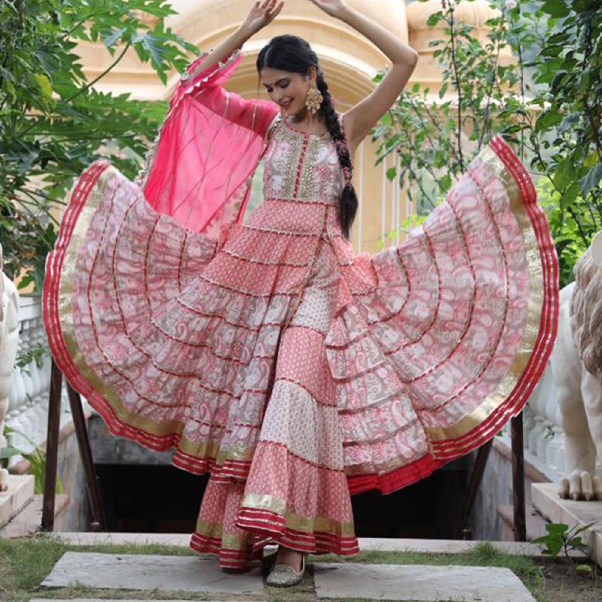Pink Partywear Printed With Lace Work Cotton Silk Kurti - Sharara Set - Peachmode