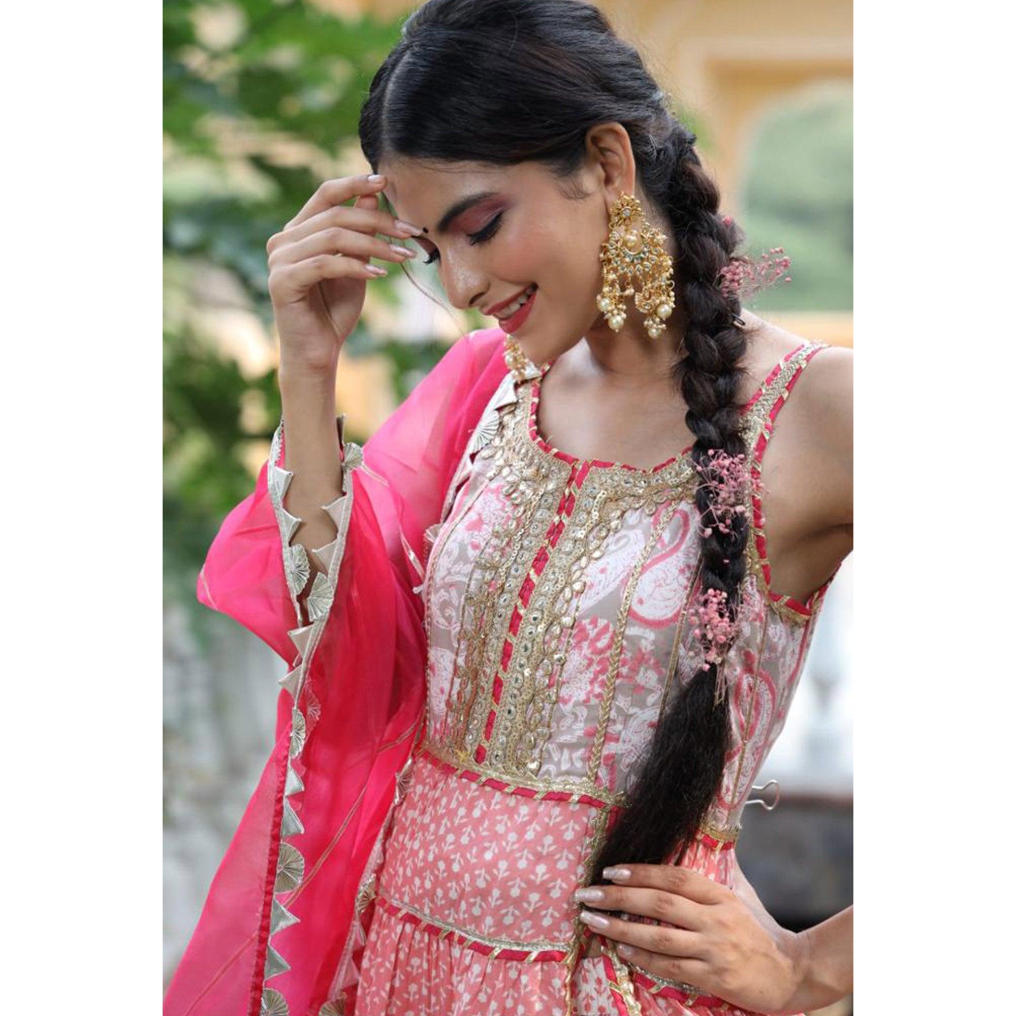 Pink Partywear Printed With Lace Work Cotton Silk Kurti - Sharara Set - Peachmode