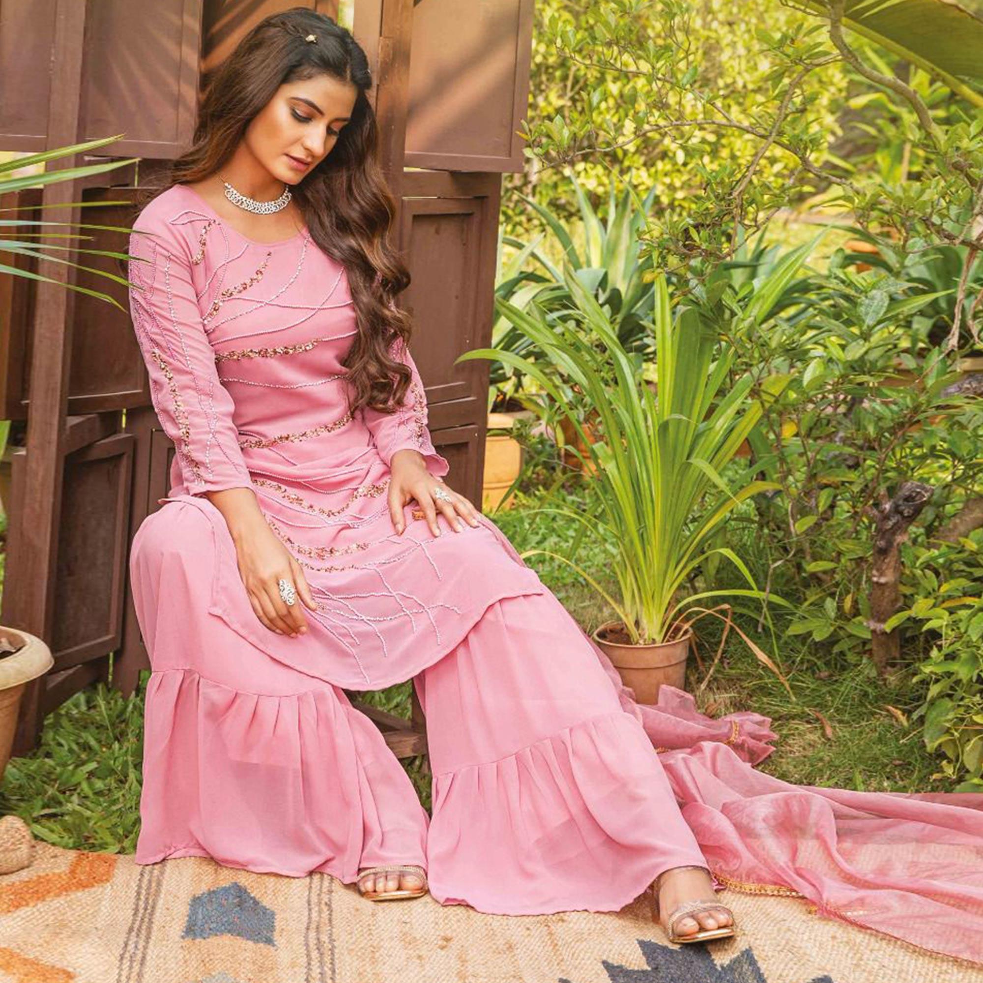 Pink Partywear Resham With Cutdana & Embellished Georgette Sharara Suit - Peachmode