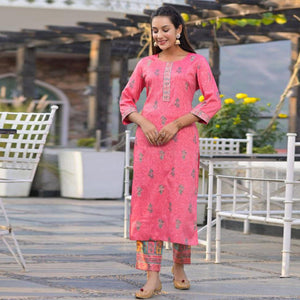 Pink Partywear Sequence Embroidered Cotton Kurti Pant Set With Dupatta - Peachmode