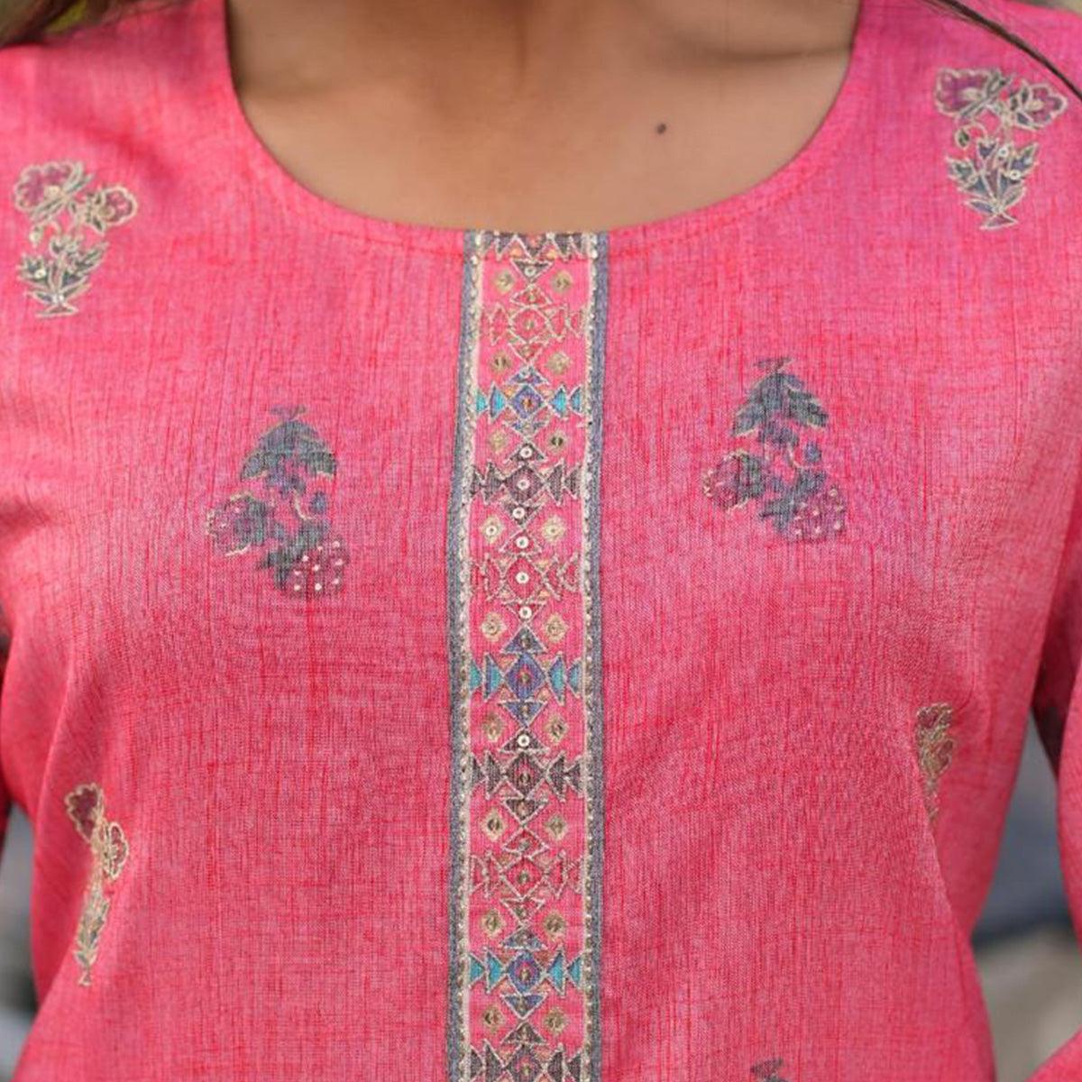 Pink Partywear Sequence Embroidered Cotton Kurti Pant Set With Dupatta - Peachmode