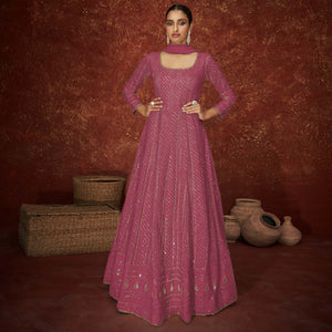 Pink Partywear Sequence Embroidered Georgette Gown - Peachmode