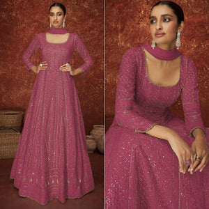 Pink Partywear Sequence Embroidered Georgette Gown - Peachmode