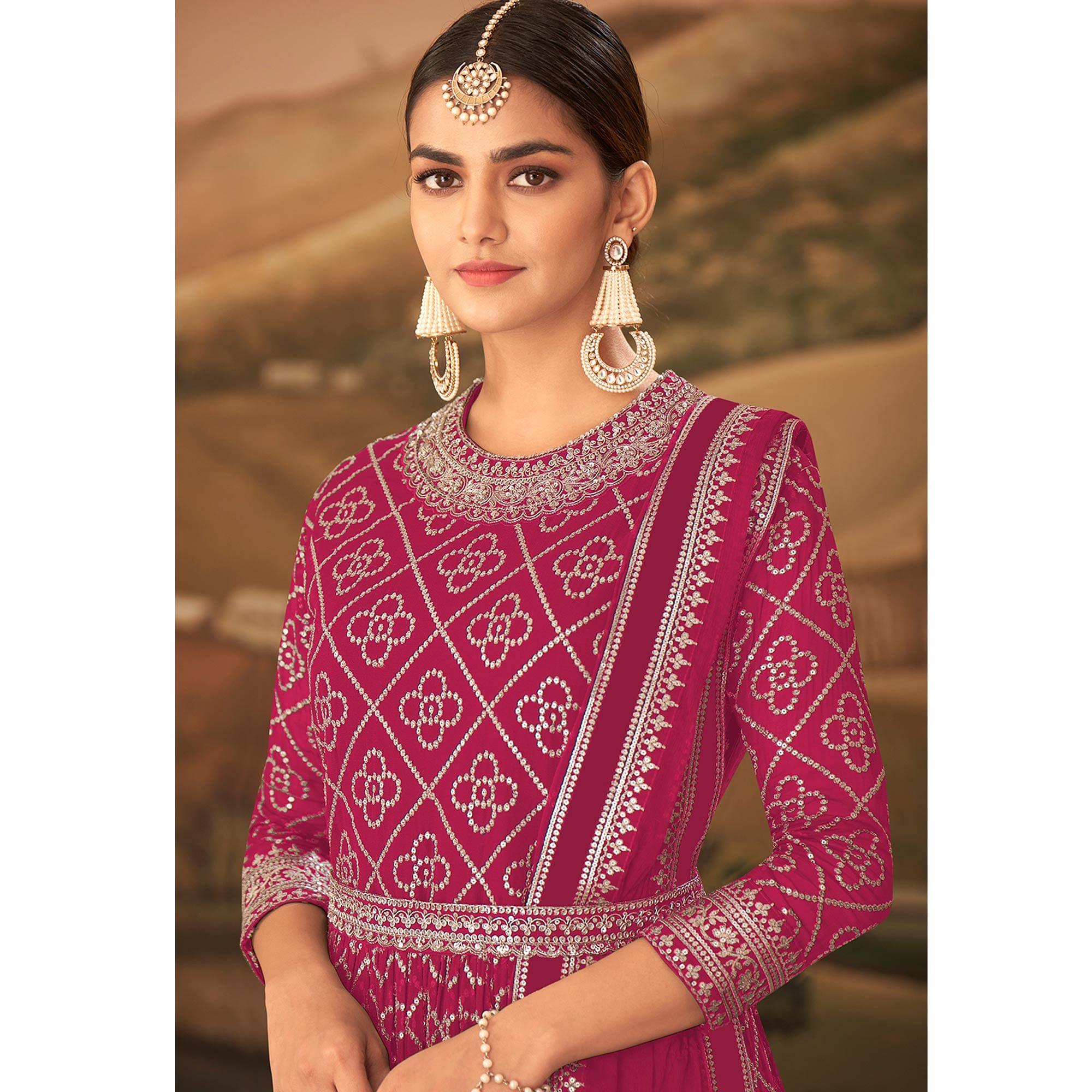 Pink Partywear Sequence Embroidered Georgette Gown - Peachmode
