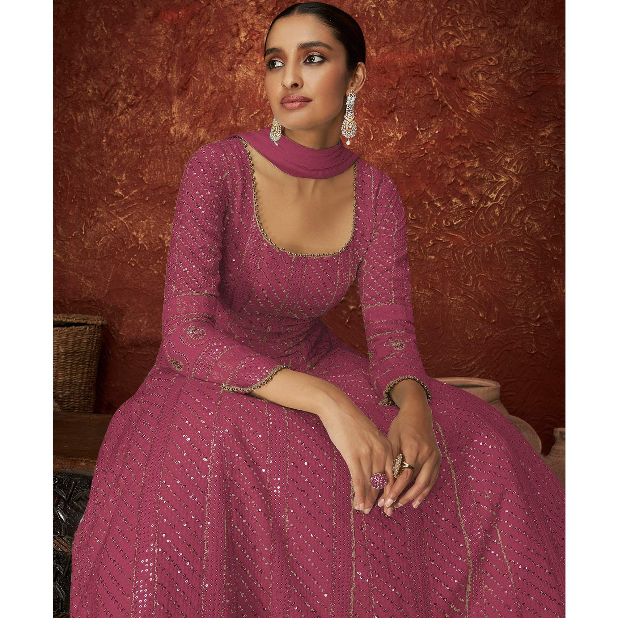 Pink Partywear Sequence Embroidered Georgette Gown - Peachmode