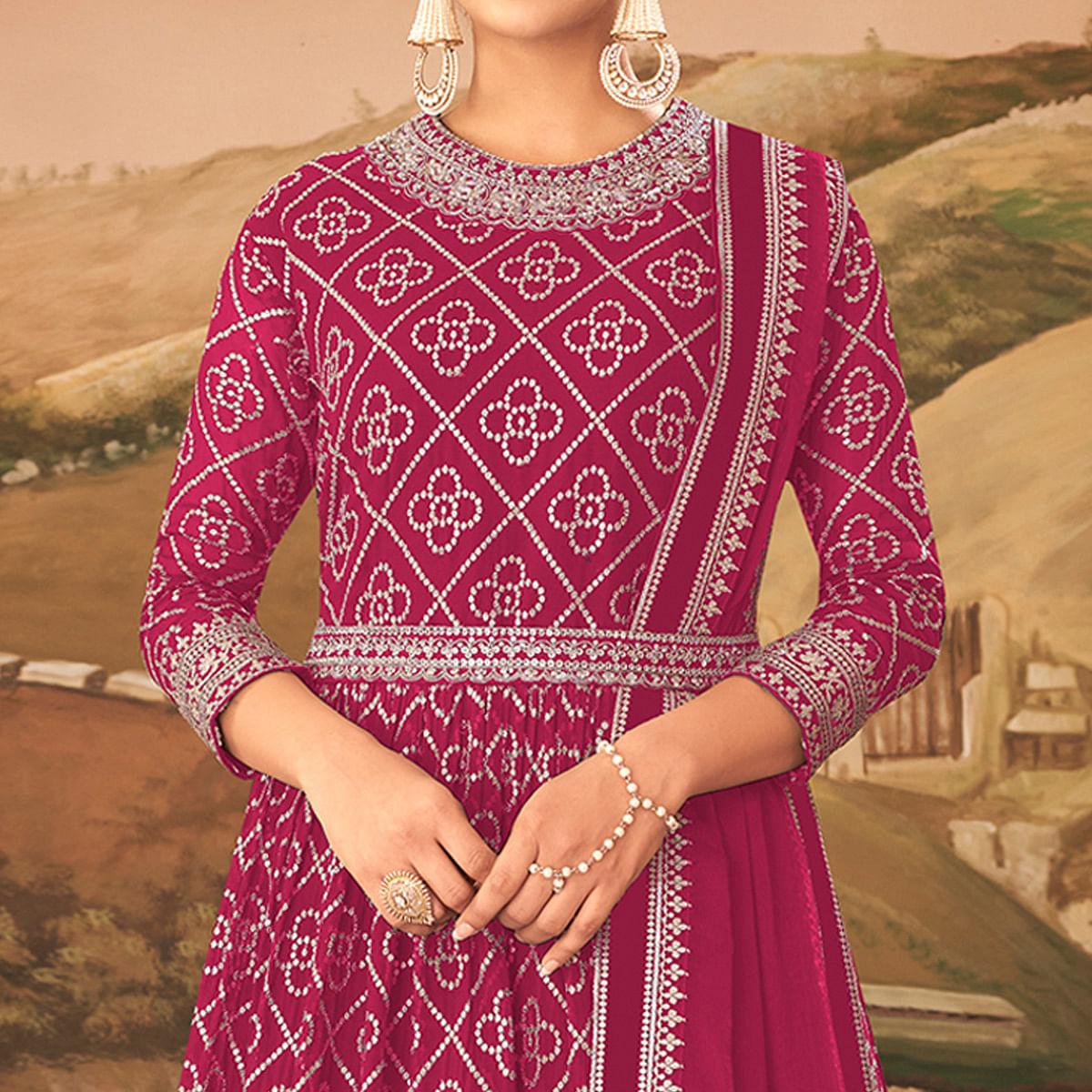 Pink Partywear Sequence Embroidered Georgette Gown - Peachmode