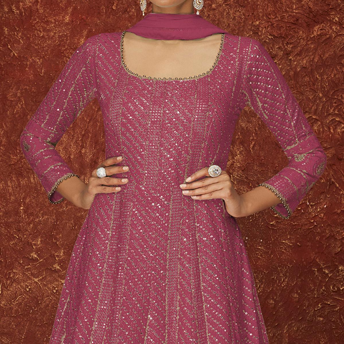 Pink Partywear Sequence Embroidered Georgette Gown - Peachmode