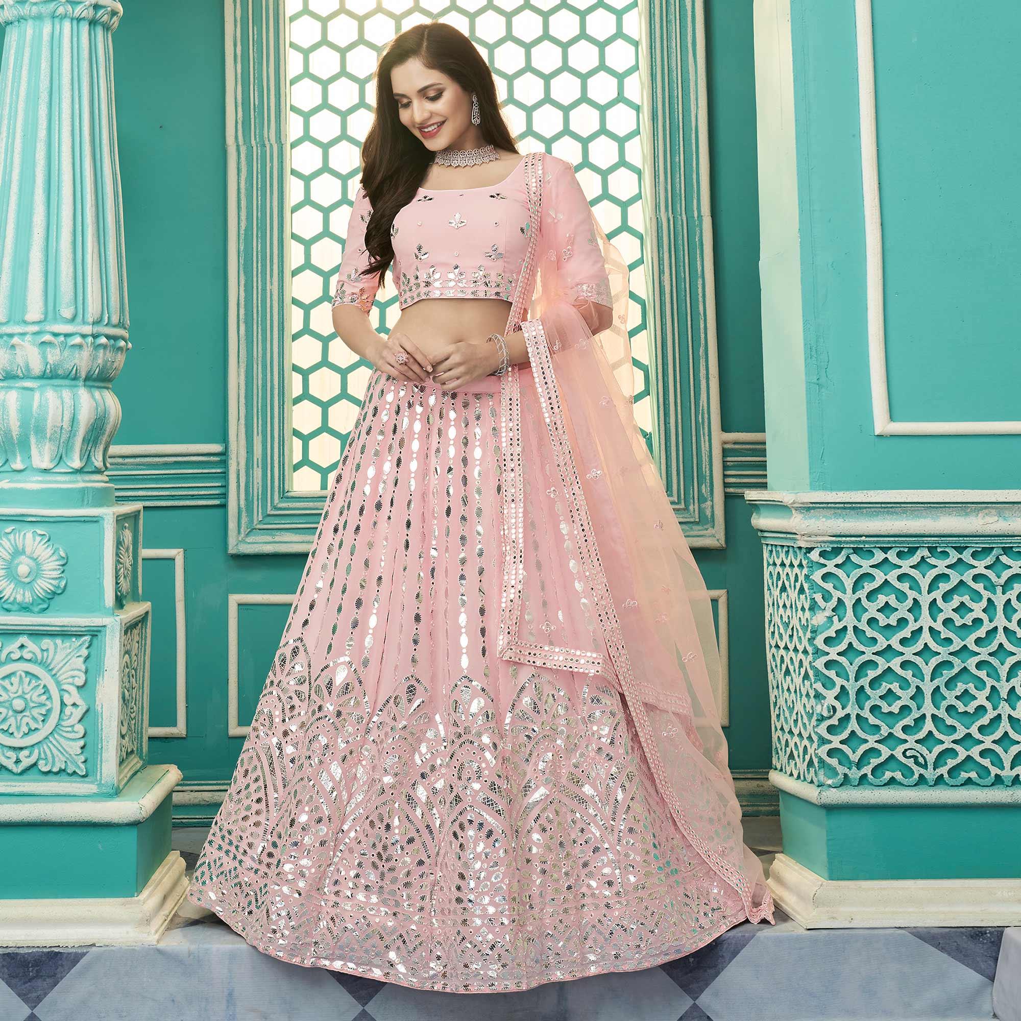 Pink Partywear Sequence Embroidered Georgette Lehenga Choli - Peachmode