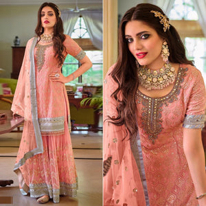 Pink Partywear Sequence Embroidered Georgette Sharara Suit - Peachmode