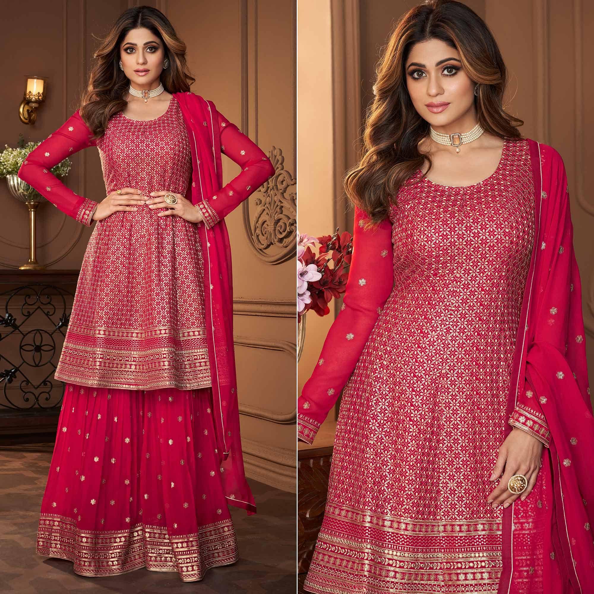 Pink Partywear Sequence Embroidered Georgette Sharara Suit - Peachmode