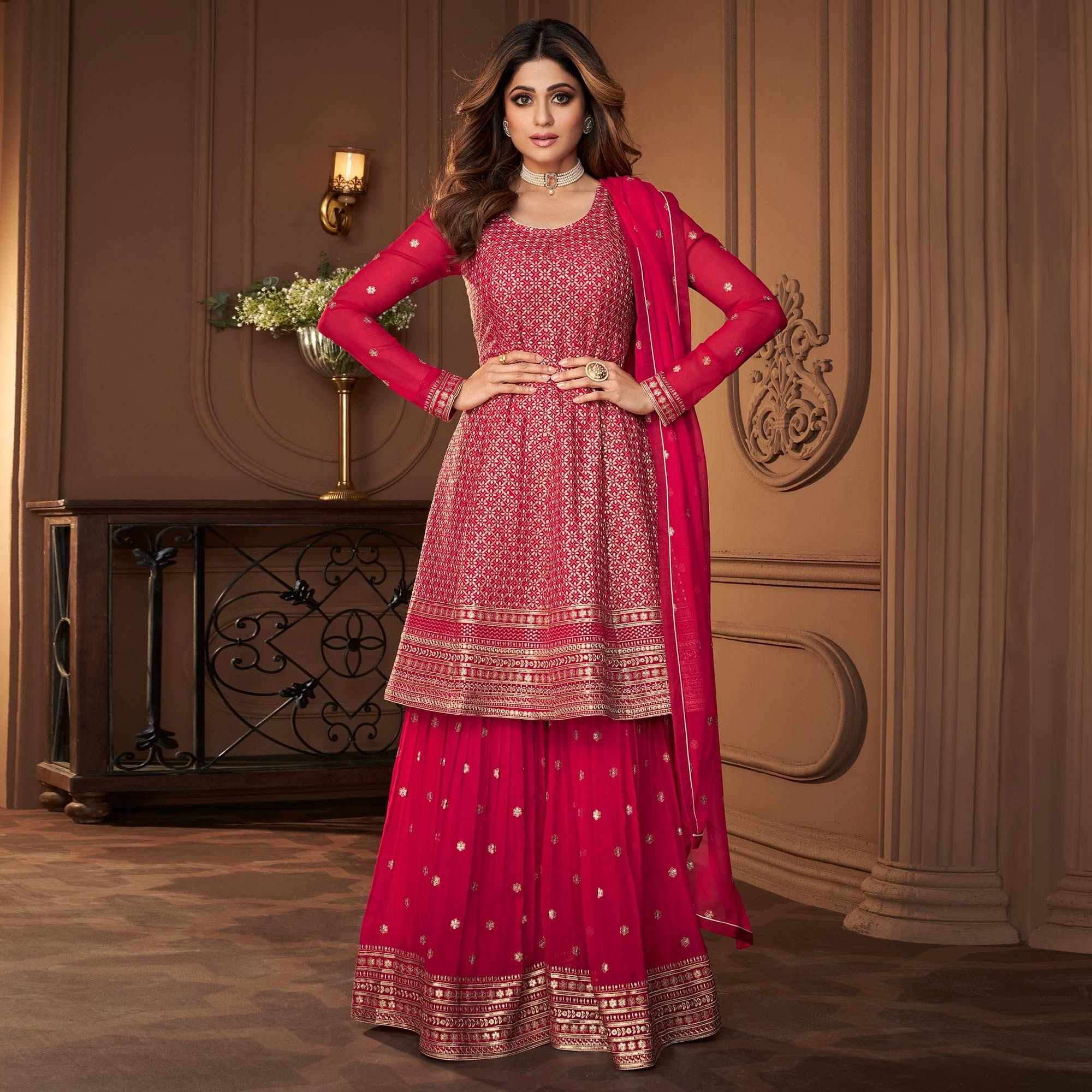 Pink Partywear Sequence Embroidered Georgette Sharara Suit - Peachmode