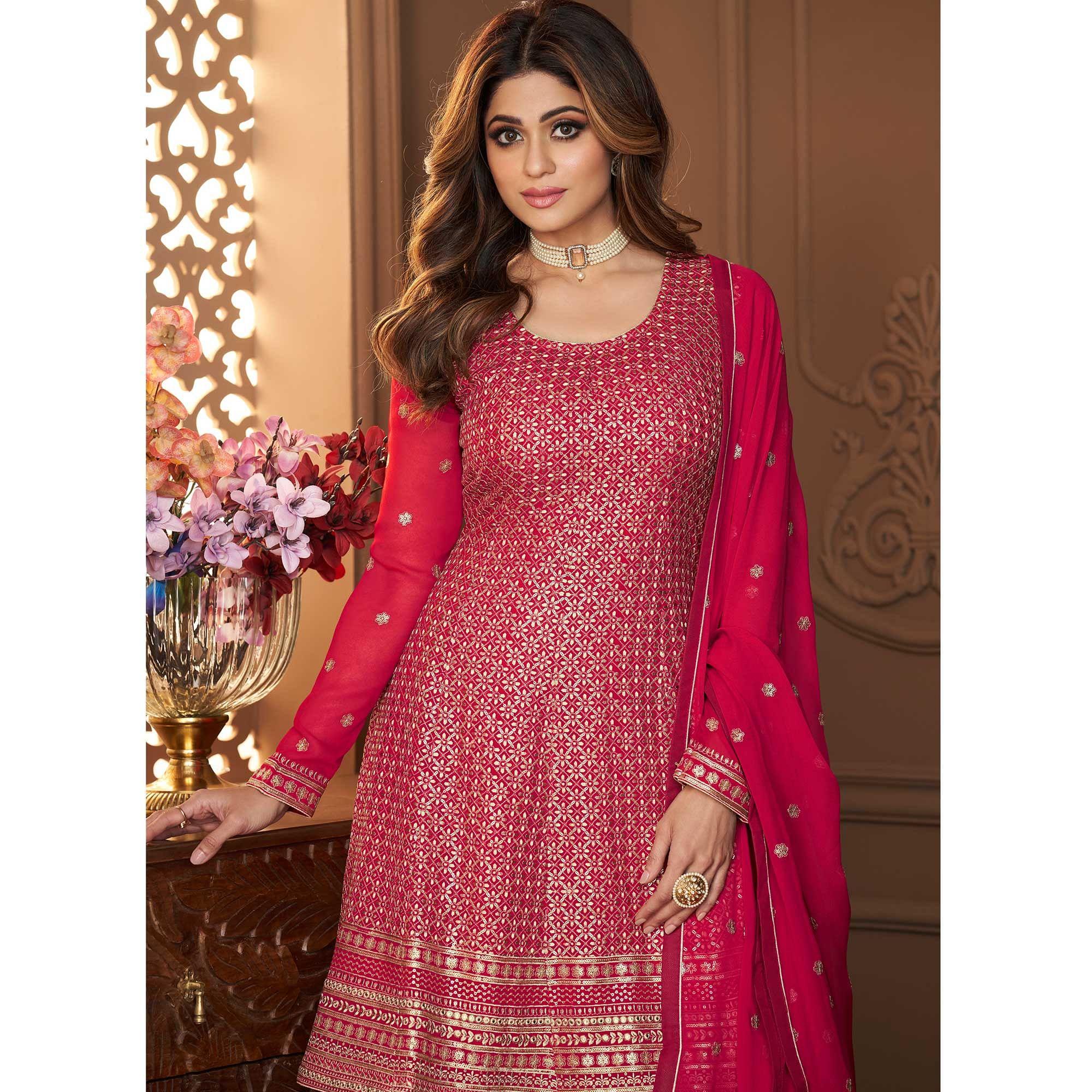 Pink Partywear Sequence Embroidered Georgette Sharara Suit - Peachmode