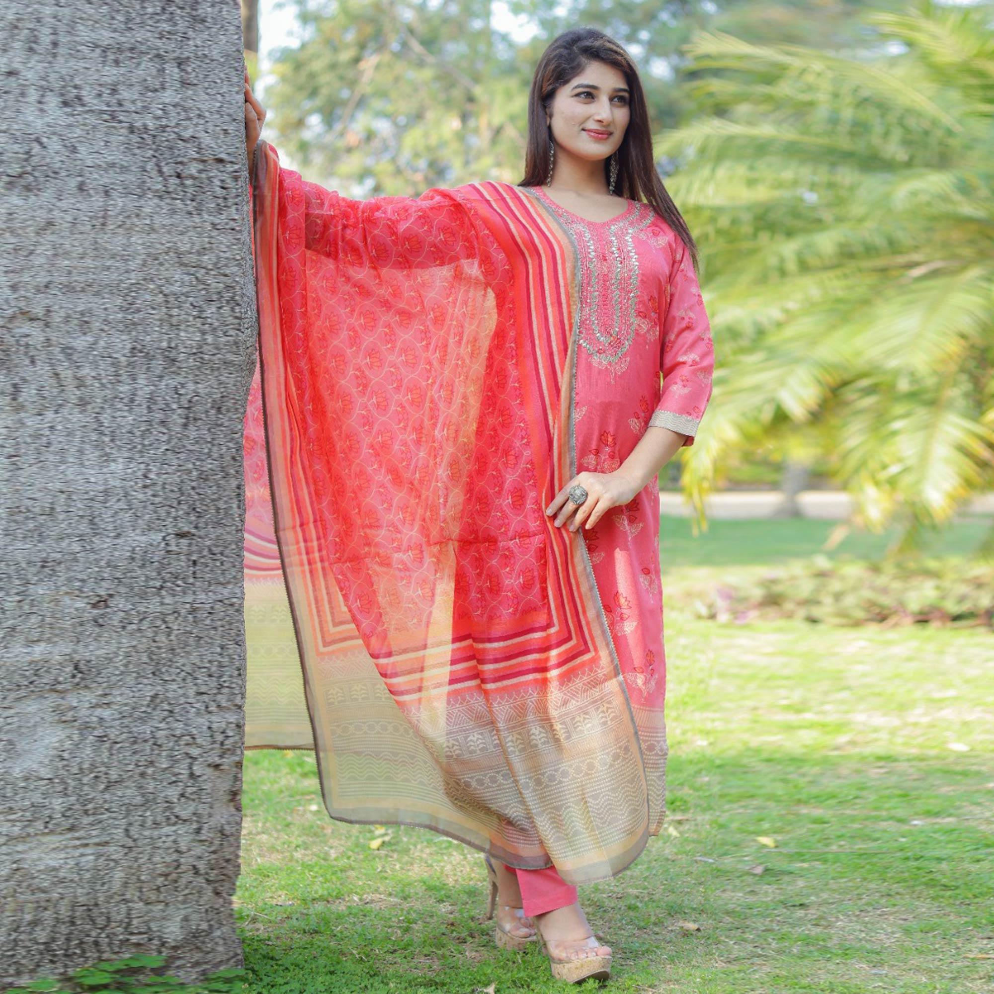 Pink Partywear Sequence Embroidered Handwork Chanderi Kurti Pant Set With Dupatta - Peachmode