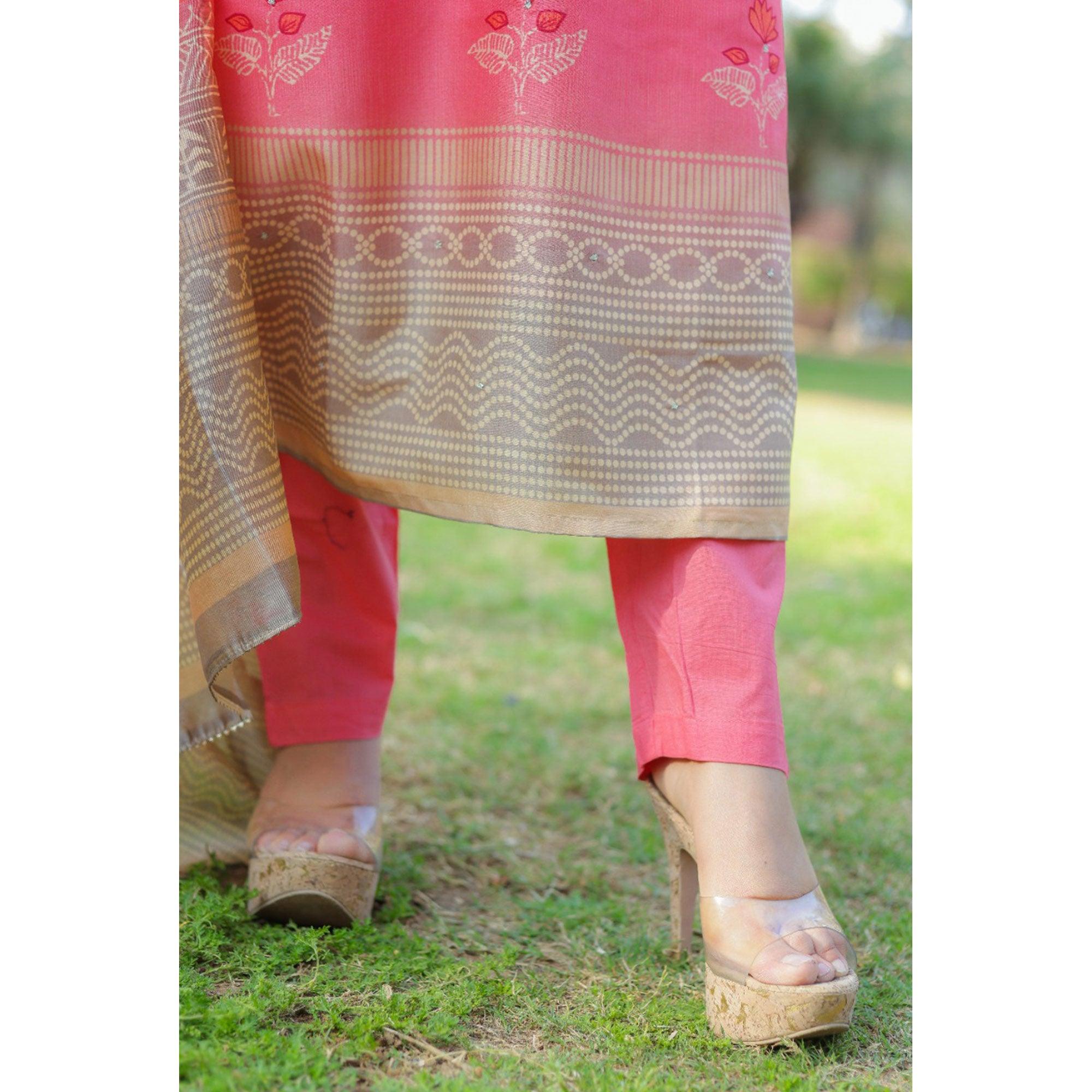 Pink Partywear Sequence Embroidered Handwork Chanderi Kurti Pant Set With Dupatta - Peachmode