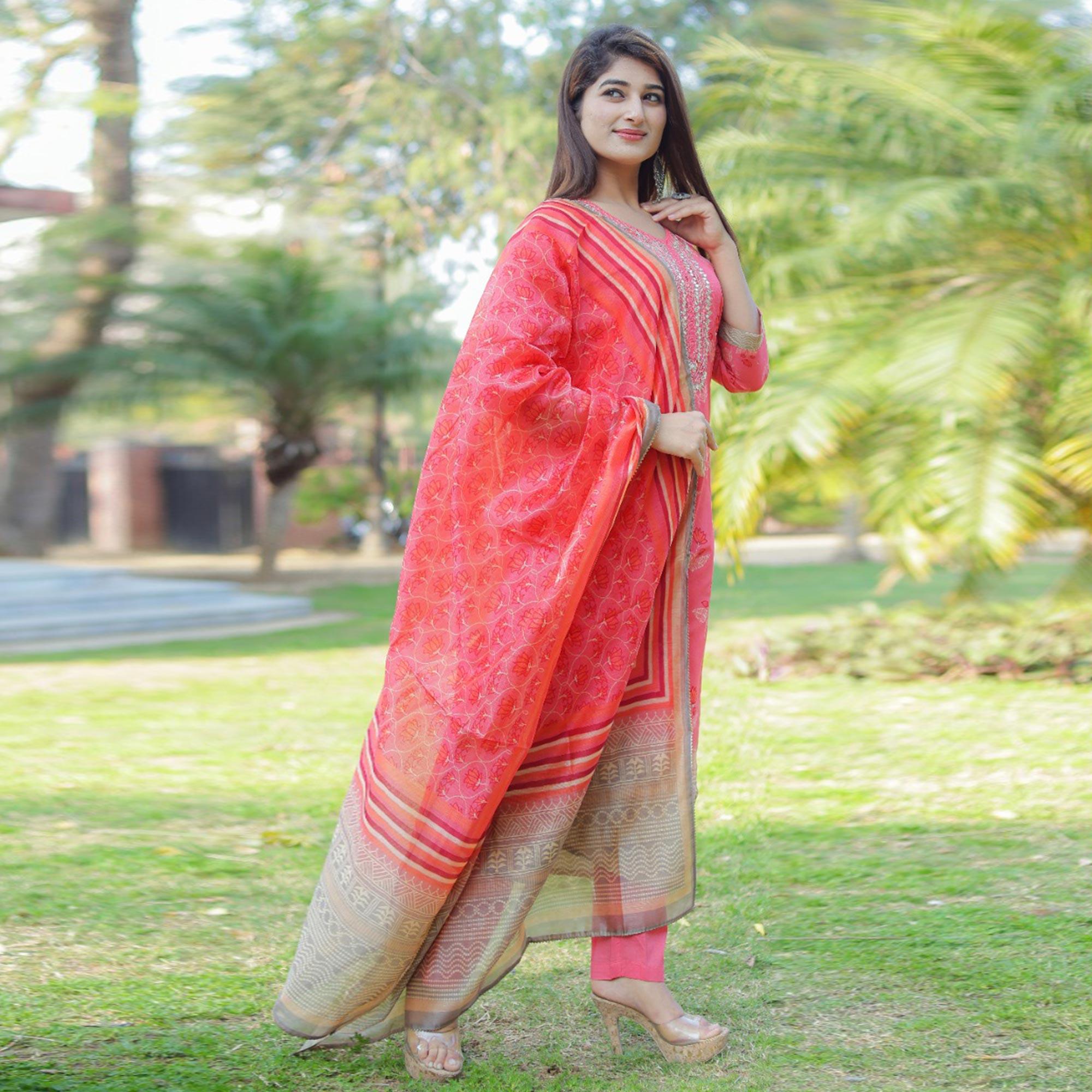 Pink Partywear Sequence Embroidered Handwork Chanderi Kurti Pant Set With Dupatta - Peachmode