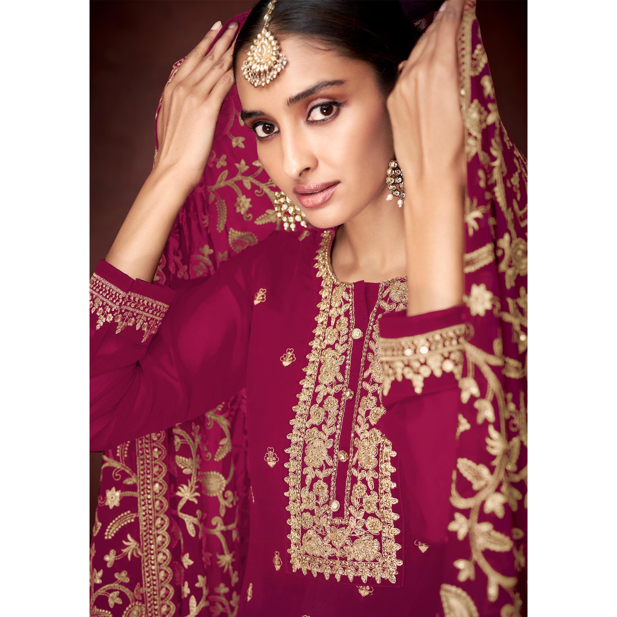 Pink Partywear Sequence Embroidered Heavy Faux Georgette Palazzo Suit - Peachmode