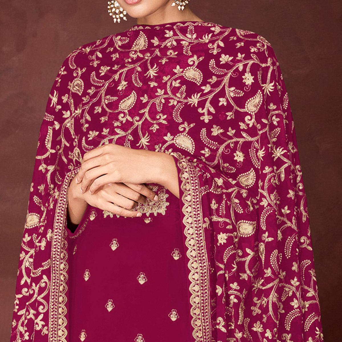 Pink Partywear Sequence Embroidered Heavy Faux Georgette Palazzo Suit - Peachmode