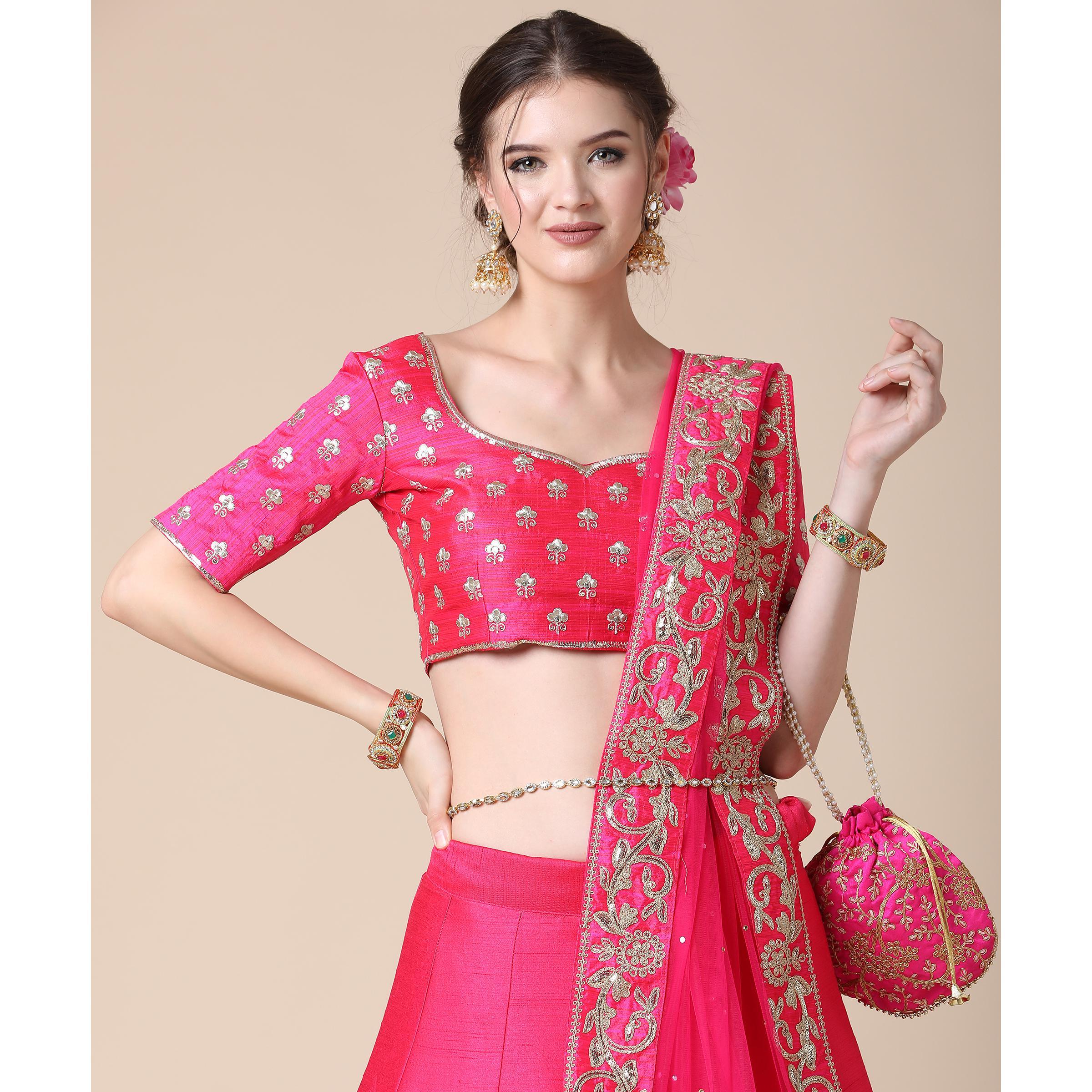Pink Partywear Sequence Embroidered Heavy Silk Lehenga - Peachmode