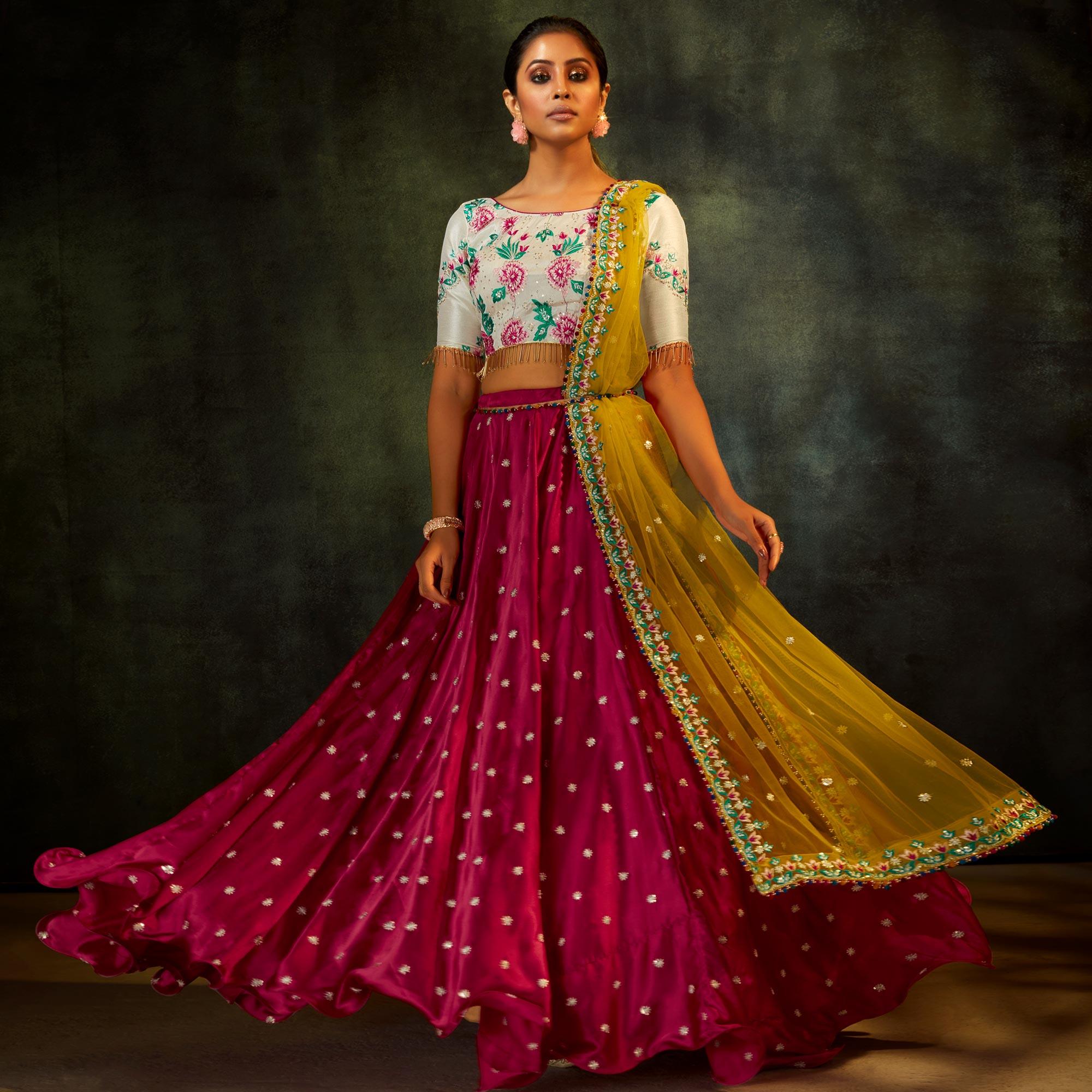 Pink Partywear Sequence Embroidered Satin Lehenga Choli - Peachmode