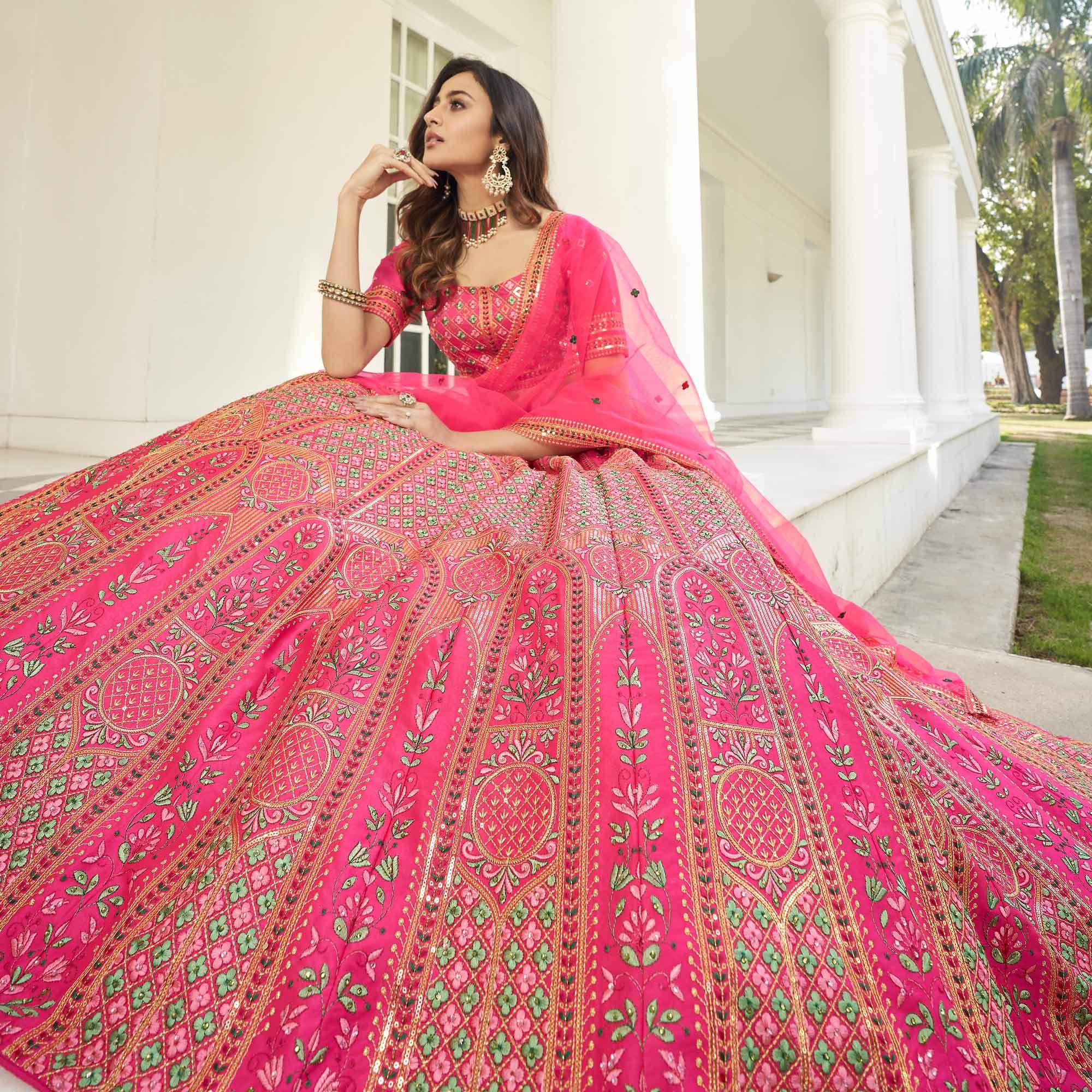 Pink Partywear Sequence Embroidered With Pearl Work Silk Lehenga Choli - Peachmode