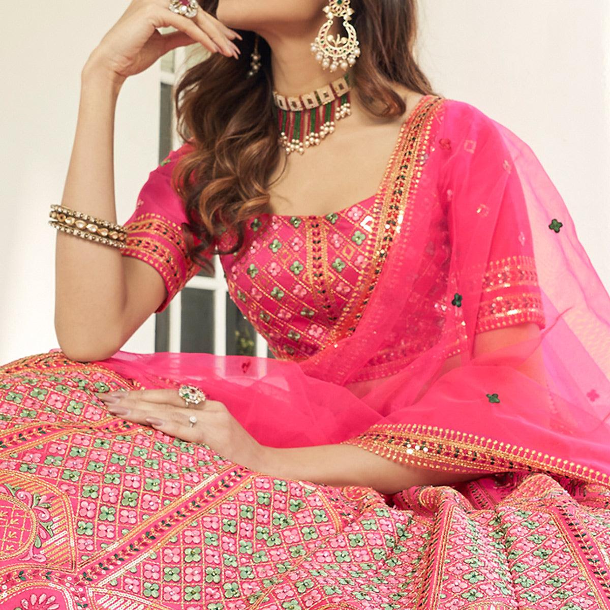 Pink Partywear Sequence Embroidered With Pearl Work Silk Lehenga Choli - Peachmode