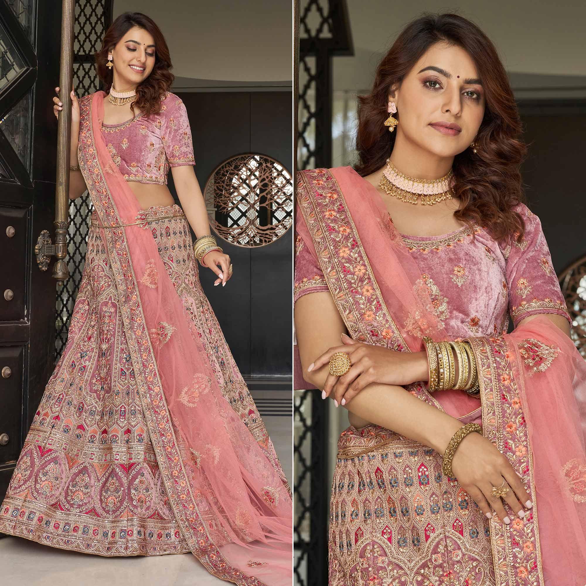 Pink Partywear Sequence Floral Embroidered Velvet Lehenga Choli - Peachmode