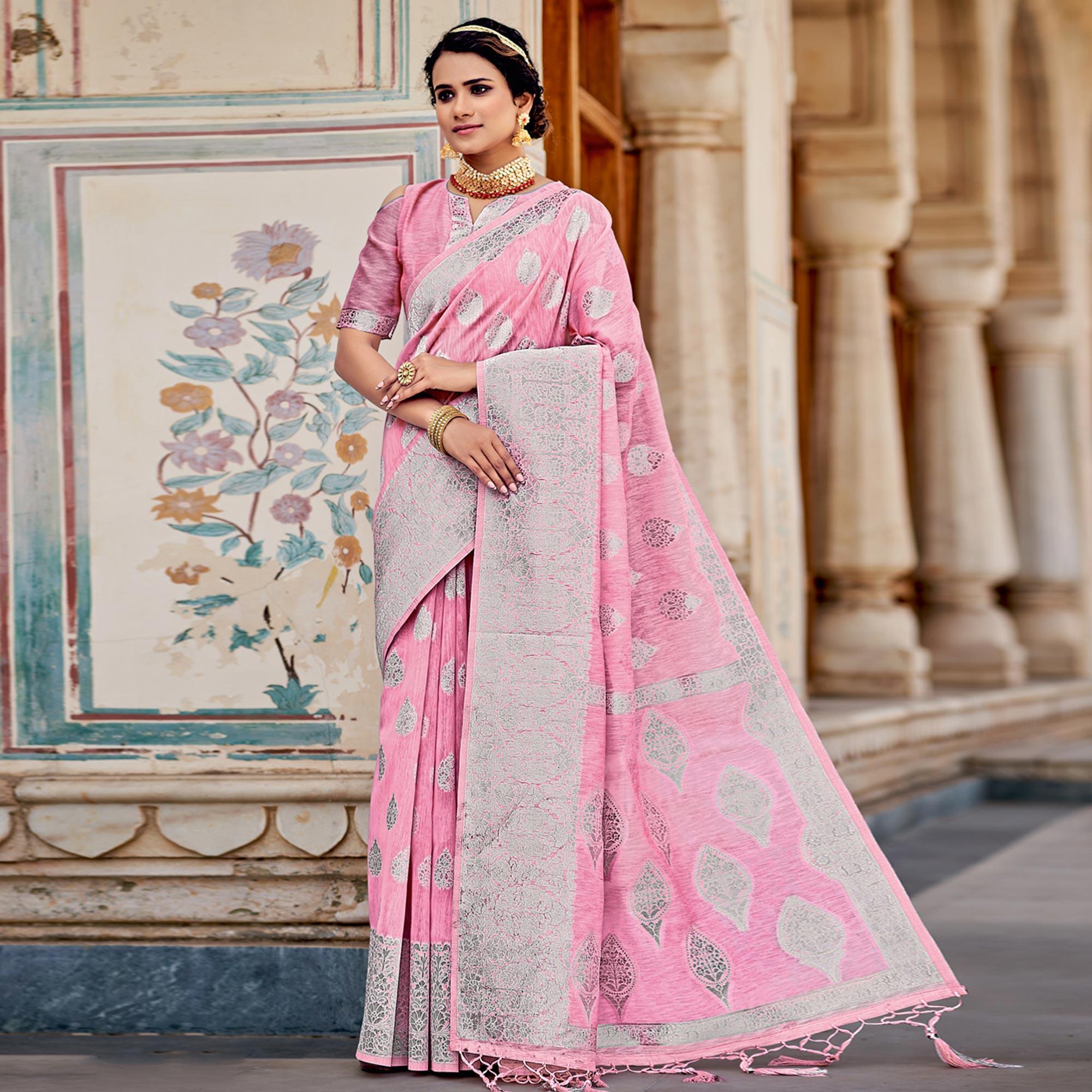 Pink Partywear Silver Zari Work Linen Saree - Peachmode