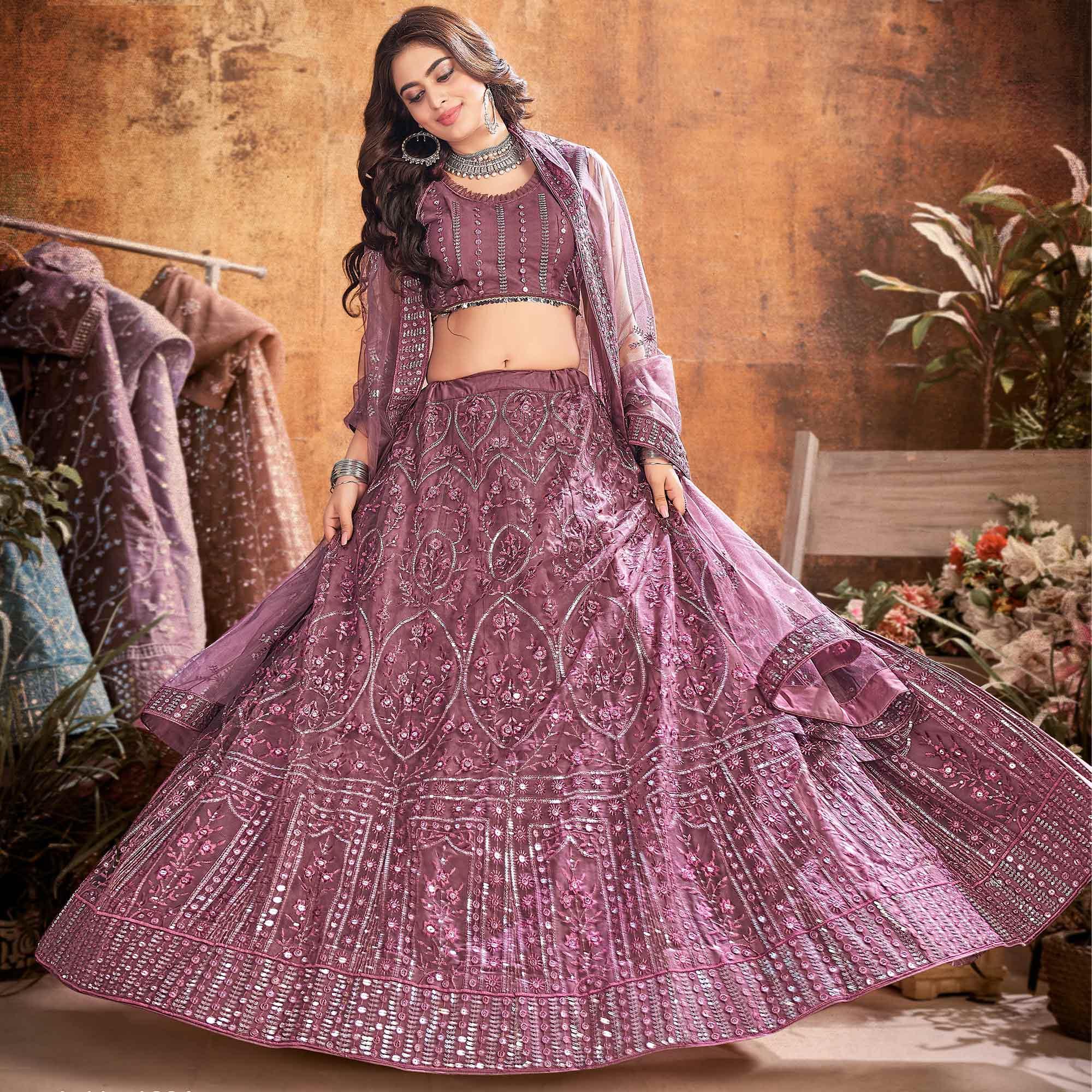 Pink Partywear Thread Sequence Soft Net Lehenga Choli - Peachmode