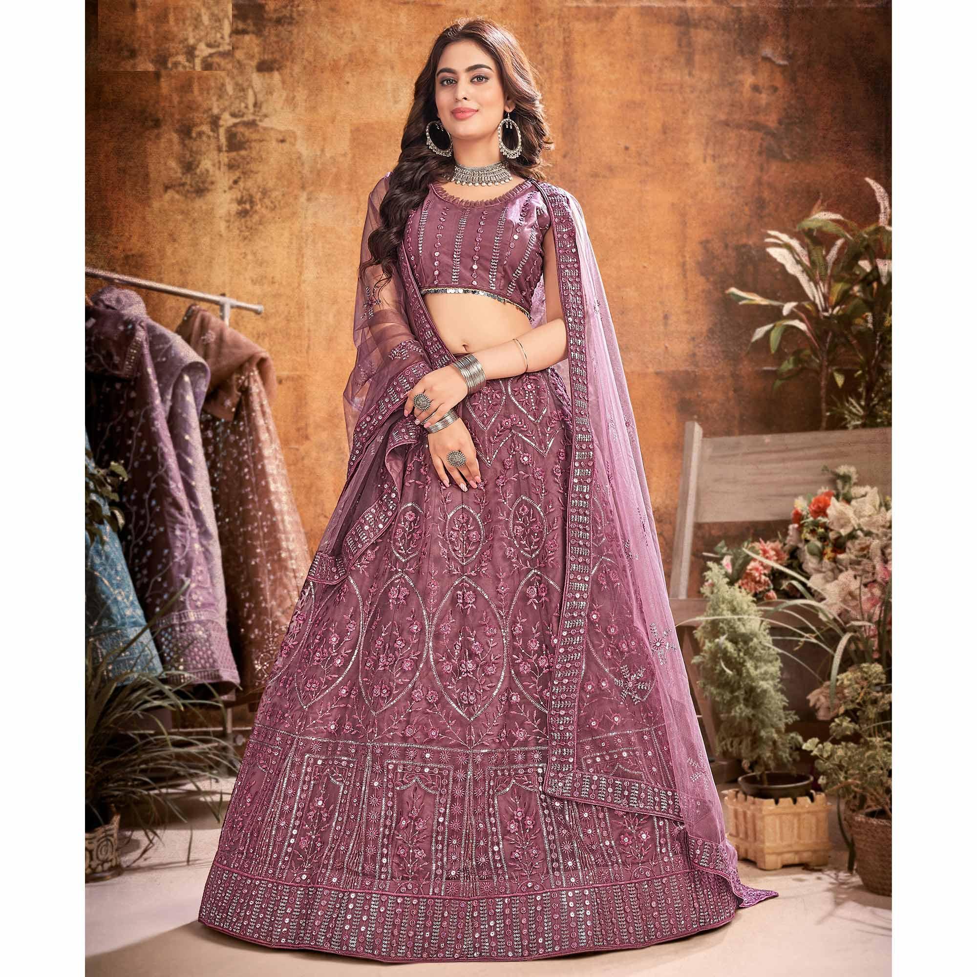 Pink Partywear Thread Sequence Soft Net Lehenga Choli - Peachmode