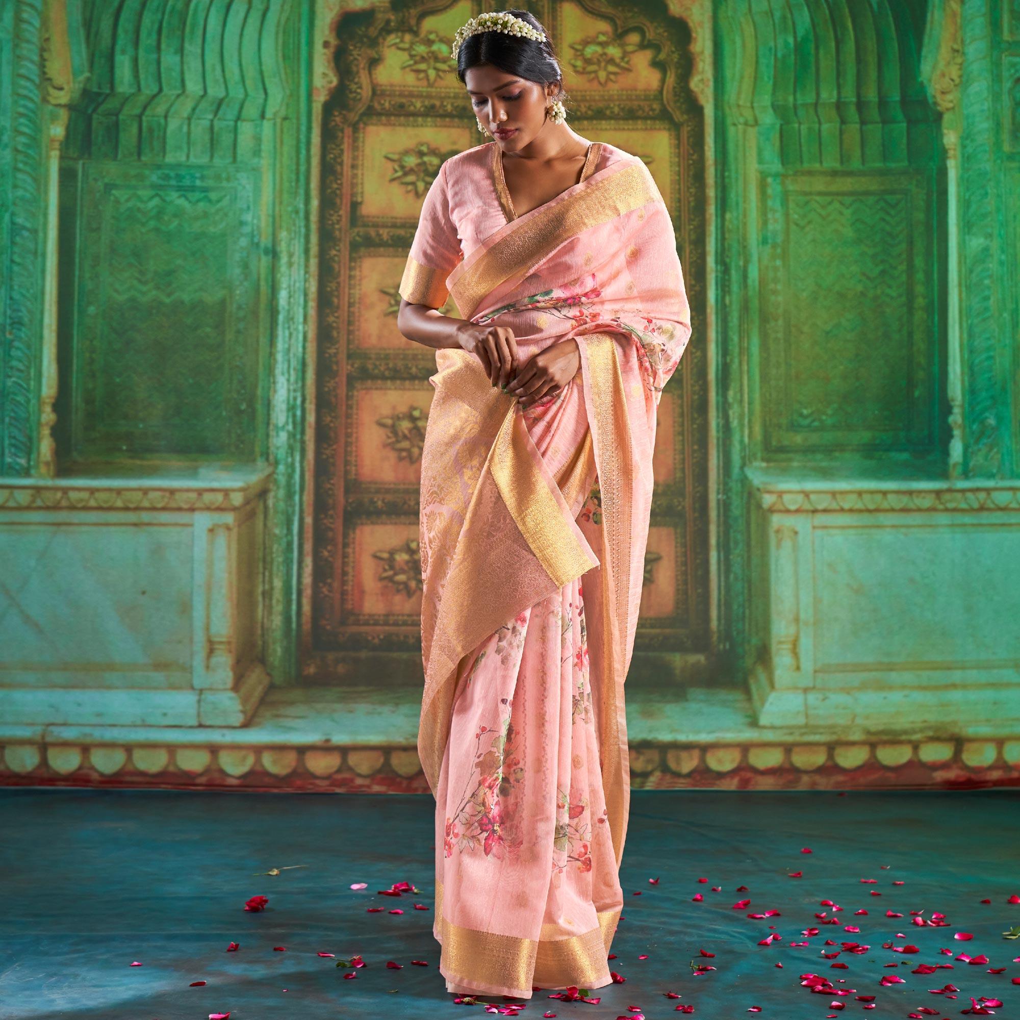 Pink Partywear Wear Digital Floral Taspa Linen Silk Saree - Peachmode