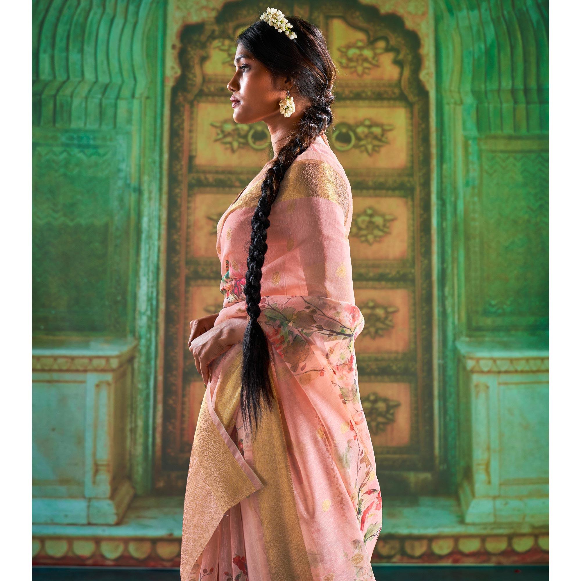 Pink Partywear Wear Digital Floral Taspa Linen Silk Saree - Peachmode