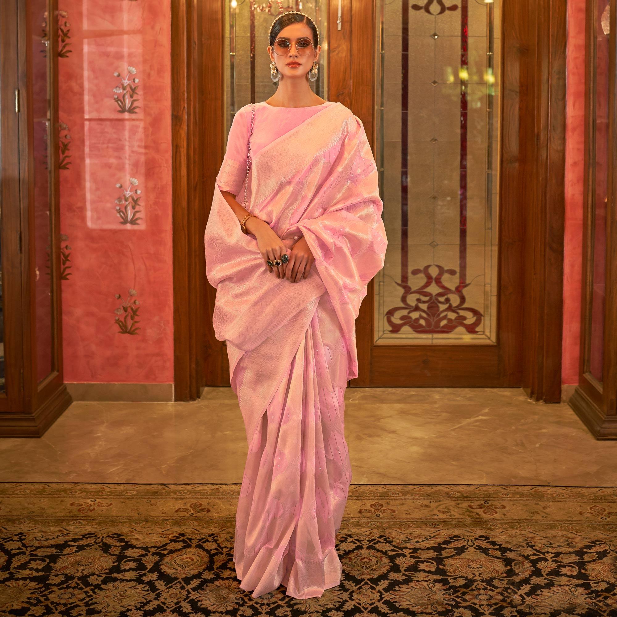 Pink Partywear Wear Woven Chanderi Saree - Peachmode