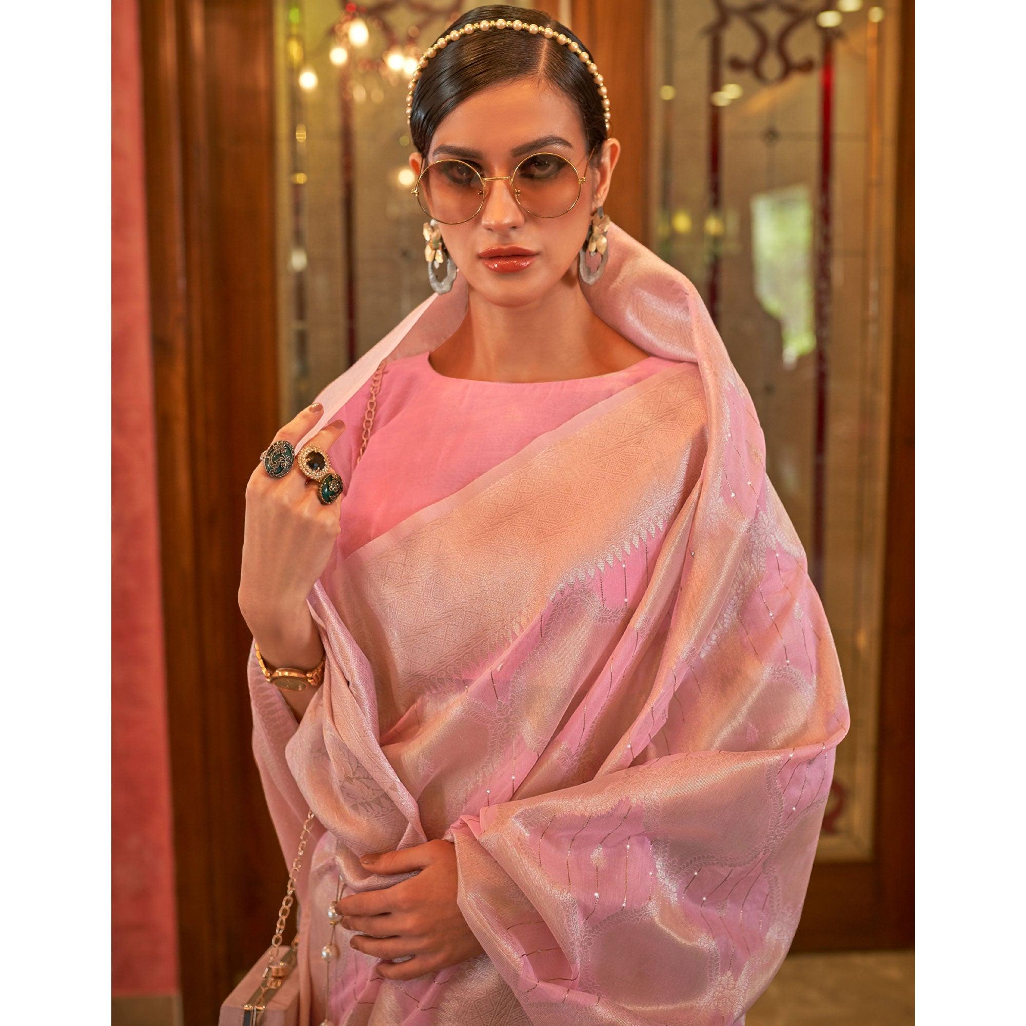 Pink Partywear Wear Woven Chanderi Saree - Peachmode