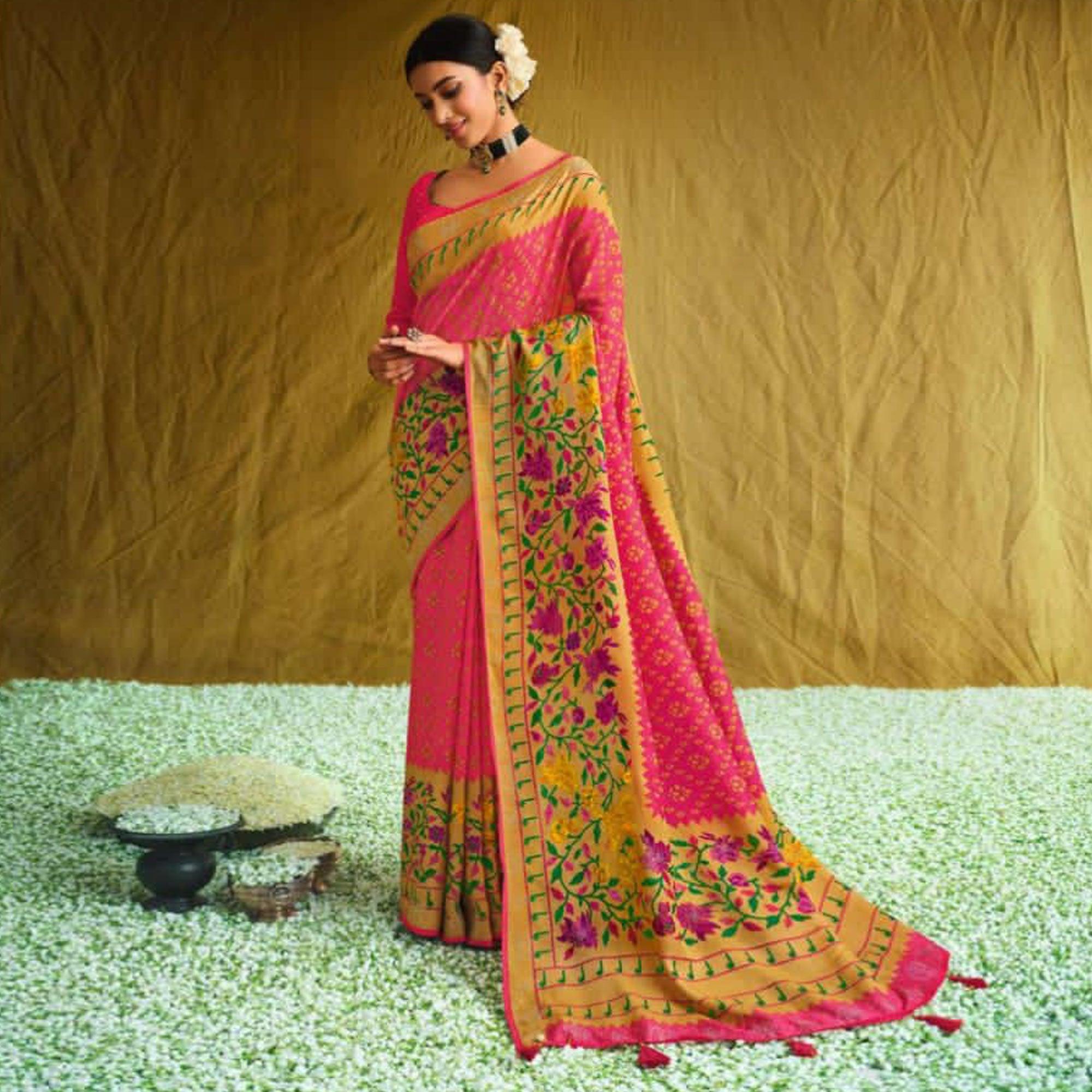Pink Partywear Weaving Resham Work Brasso Saree - Peachmode