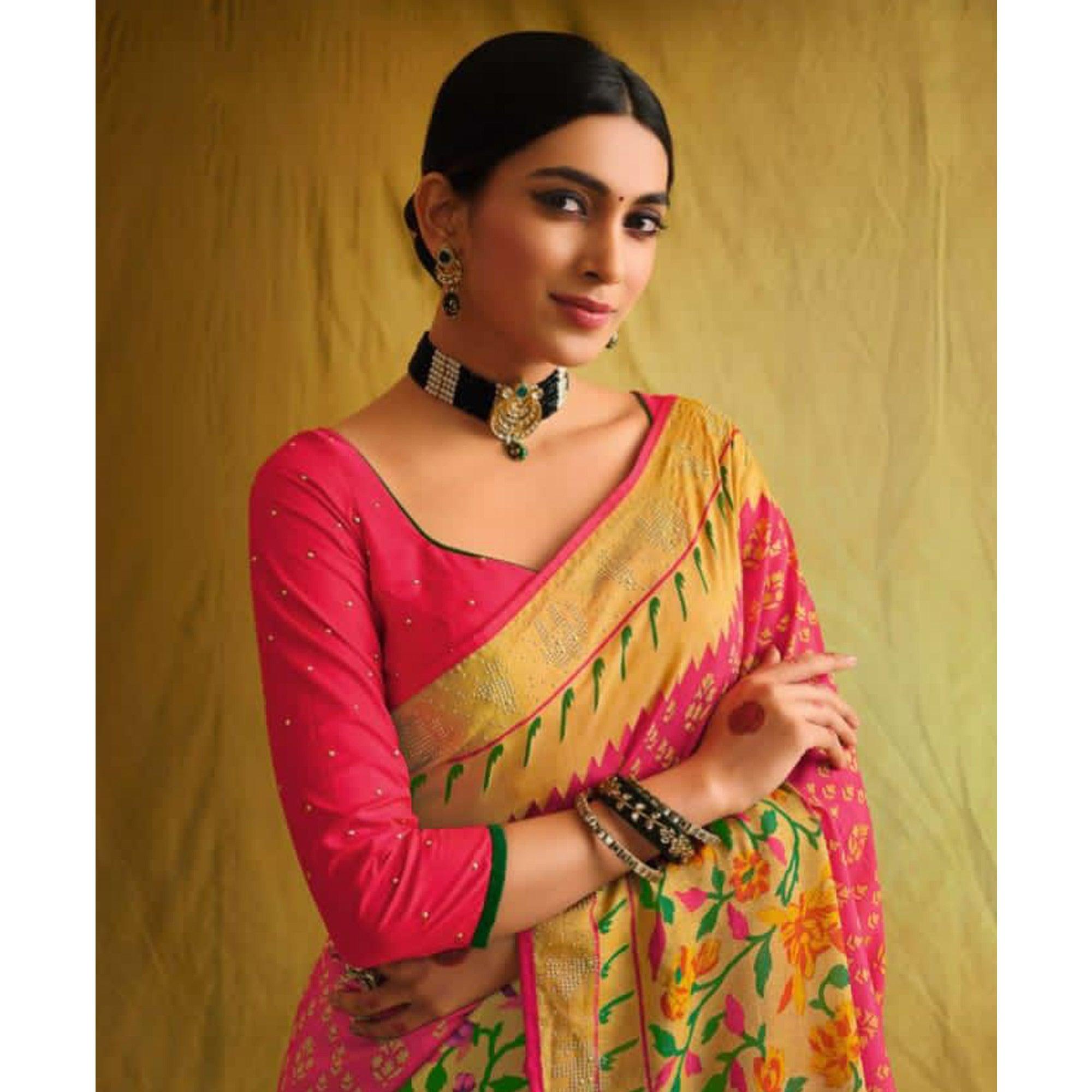 Pink Partywear Weaving Resham Work Brasso Saree - Peachmode