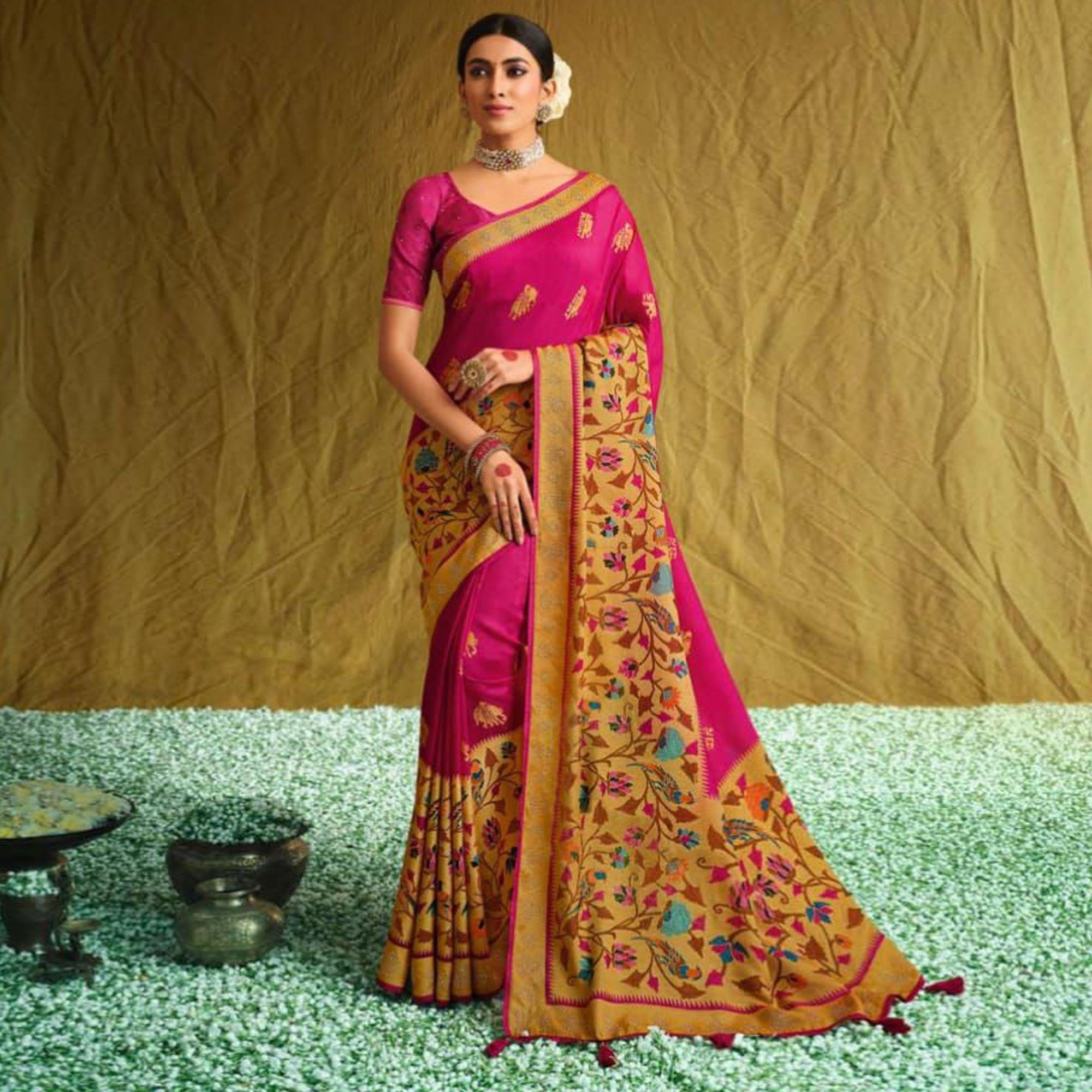 Pink Partywear Weaving Resham Work Silk Saree - Peachmode