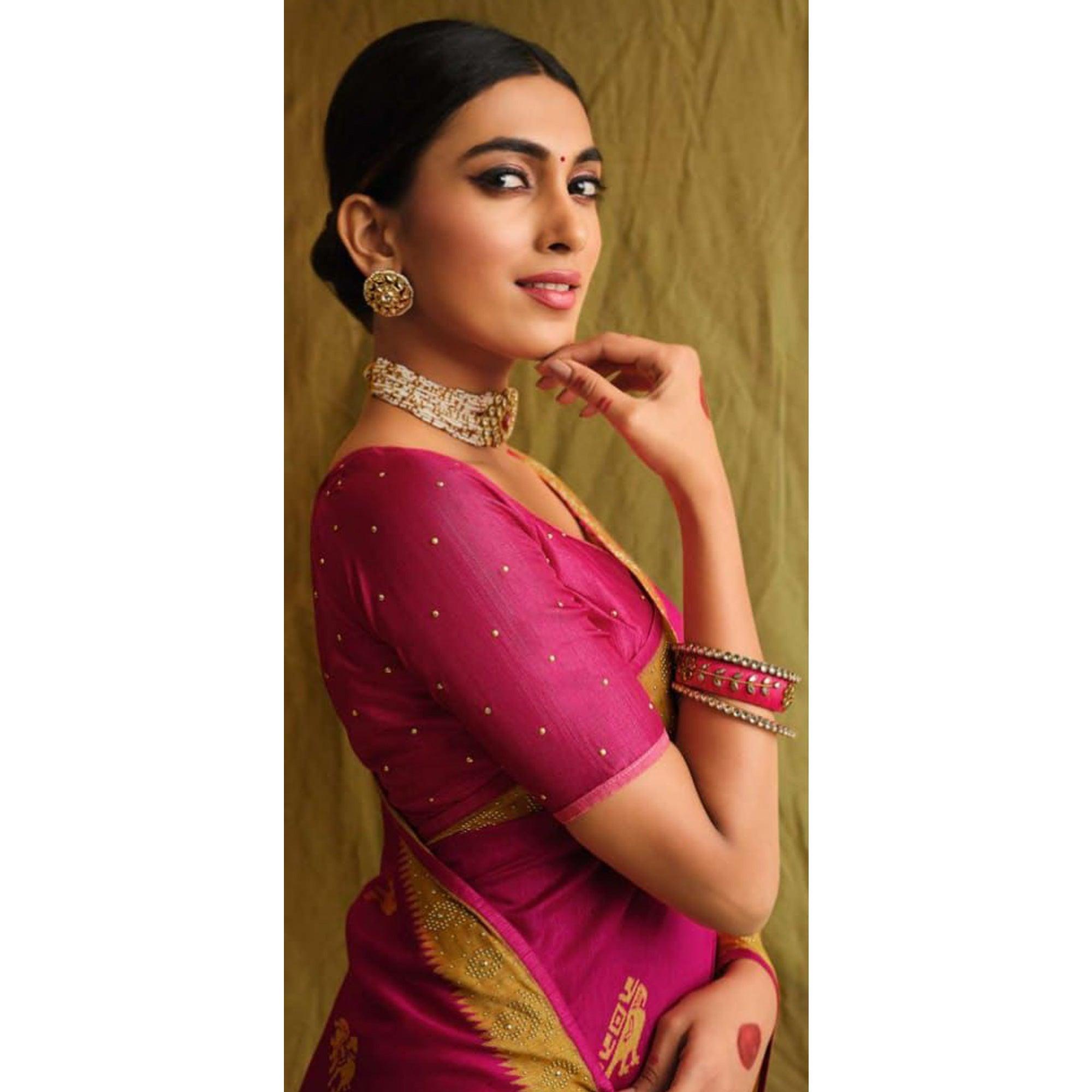 Pink Partywear Weaving Resham Work Silk Saree - Peachmode