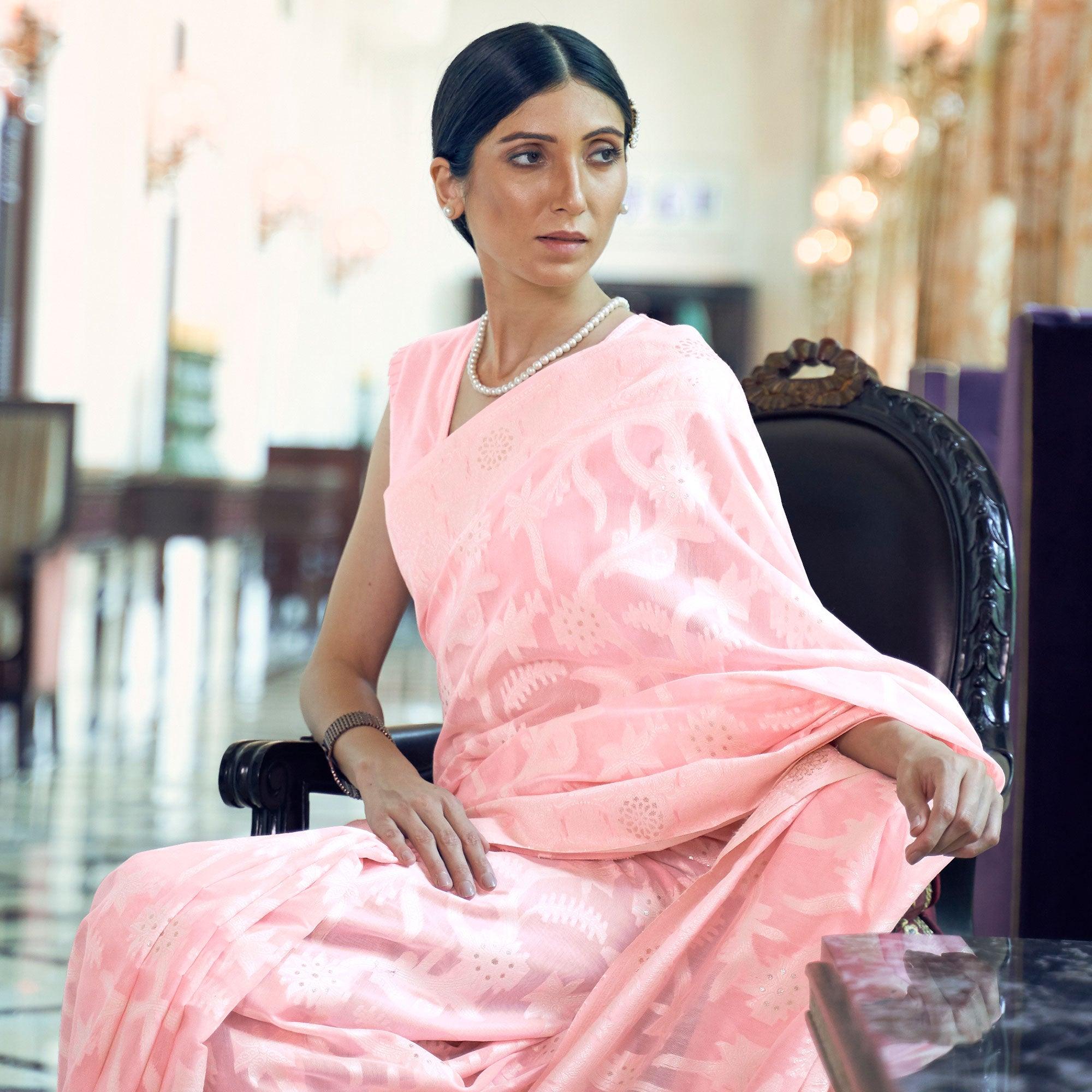 Pink Partywear Woven Chanderi Saree - Peachmode