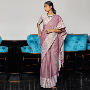 Pink Partywear Woven Linen Saree - Peachmode