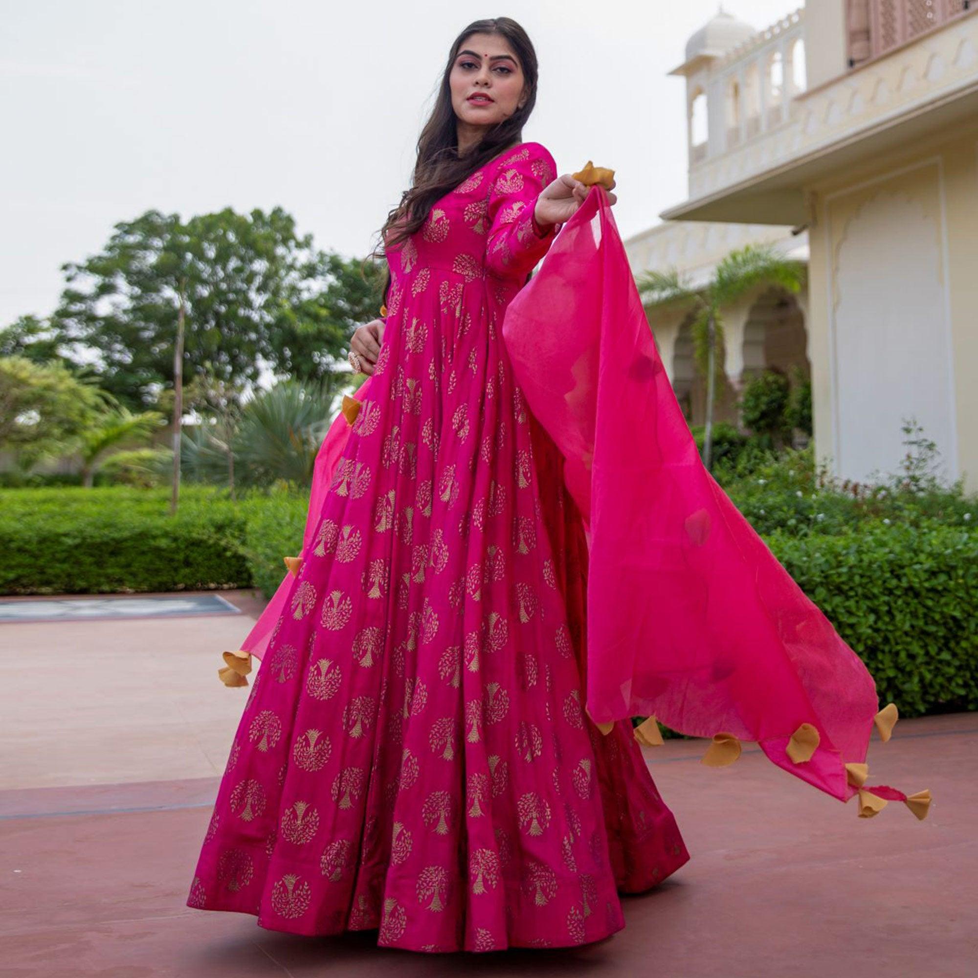 Pink Partywear Woven Printed Rayon Anarkali Suit With Dupatta - Peachmode
