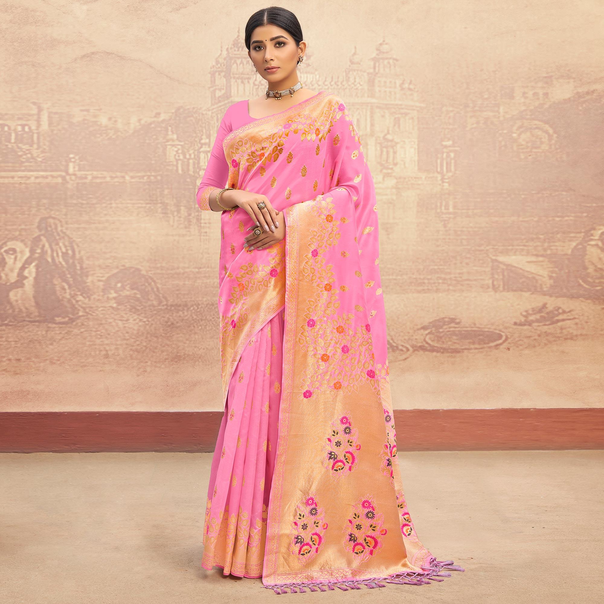 Pink Partywear Woven Silk Saree - Peachmode