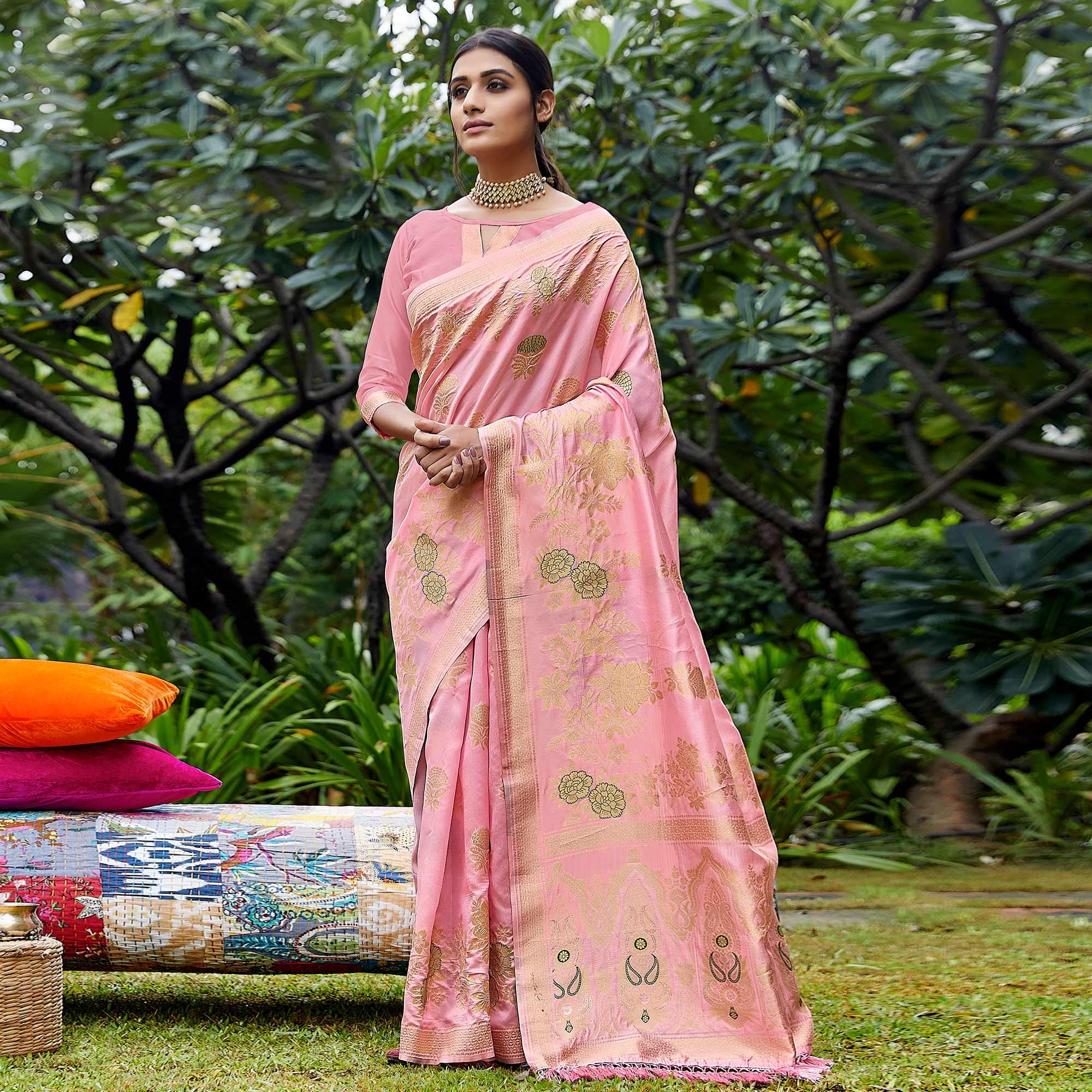 Pink Partywear Woven Silk Saree - Peachmode