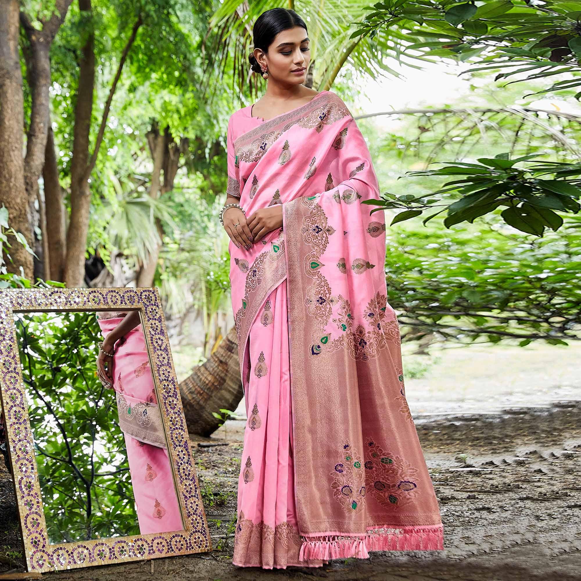 Pink Partywear Woven Silk Saree - Peachmode